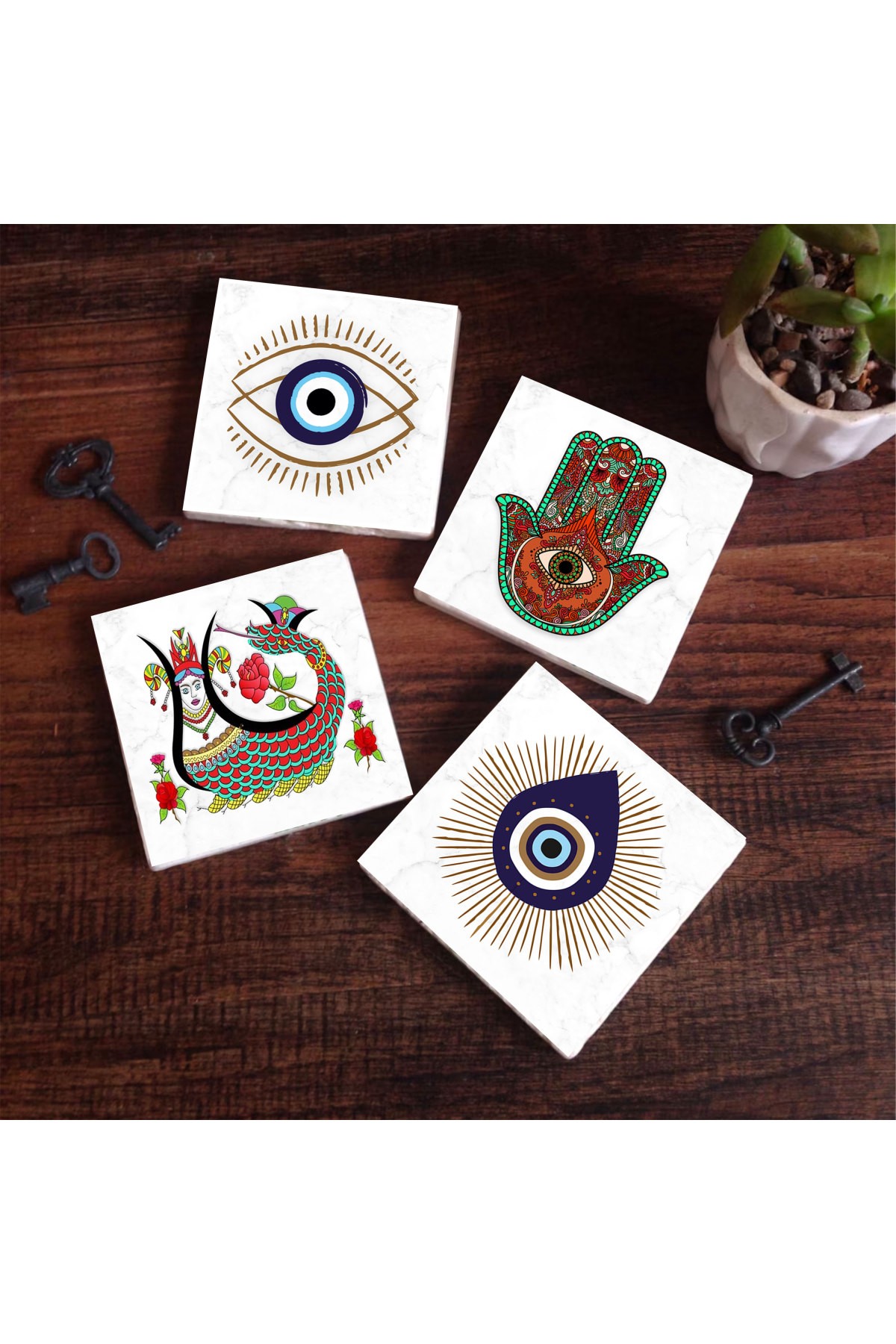 Evil Eye, Mother of Fatma Hand (Hamsa), Shahmeran Stone Coaster Desktop Protective Coaster 4 Piece Set 10x10cm Stone Coasters