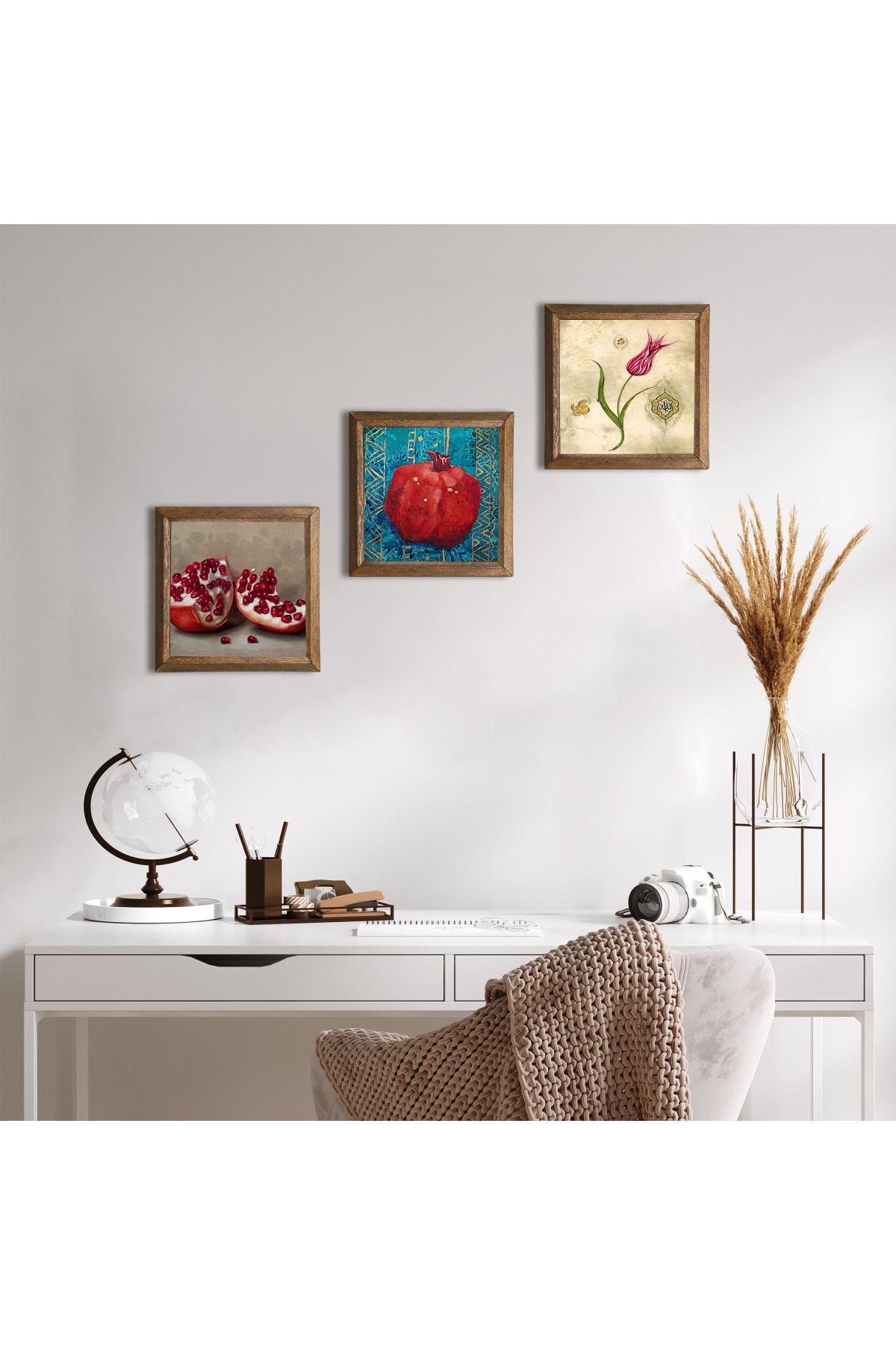 Tulip Marbling Art, Pomegranate Stone Wall Painting Wooden Framed Wall Decor 3 Piece Painting Set Wall Art