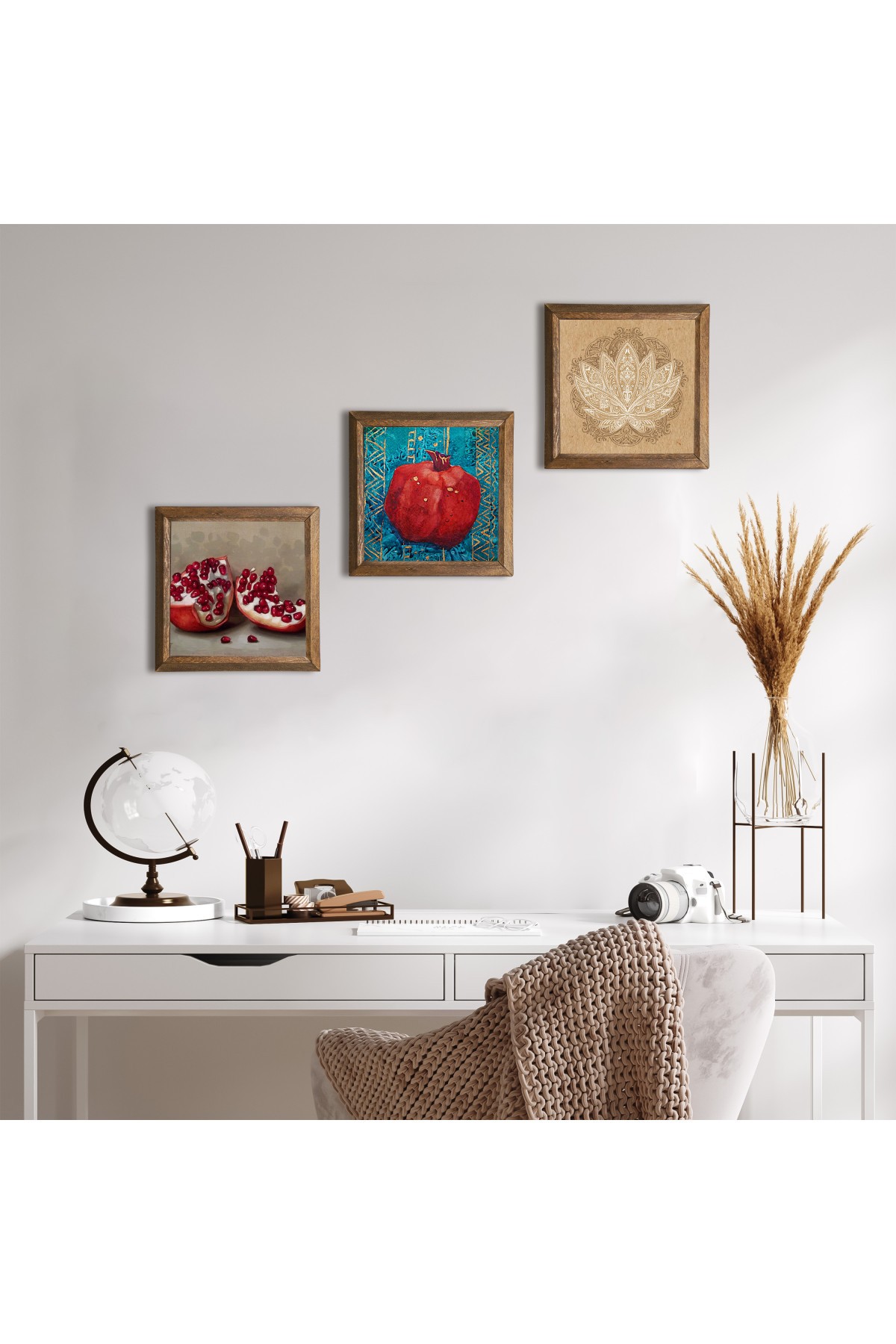 Lotus Çiçeği, Nar Taş Duvar Tablosu Ahşap Çerçeveli Duvar Dekoru 3 Parça Tablo Seti Wall Art