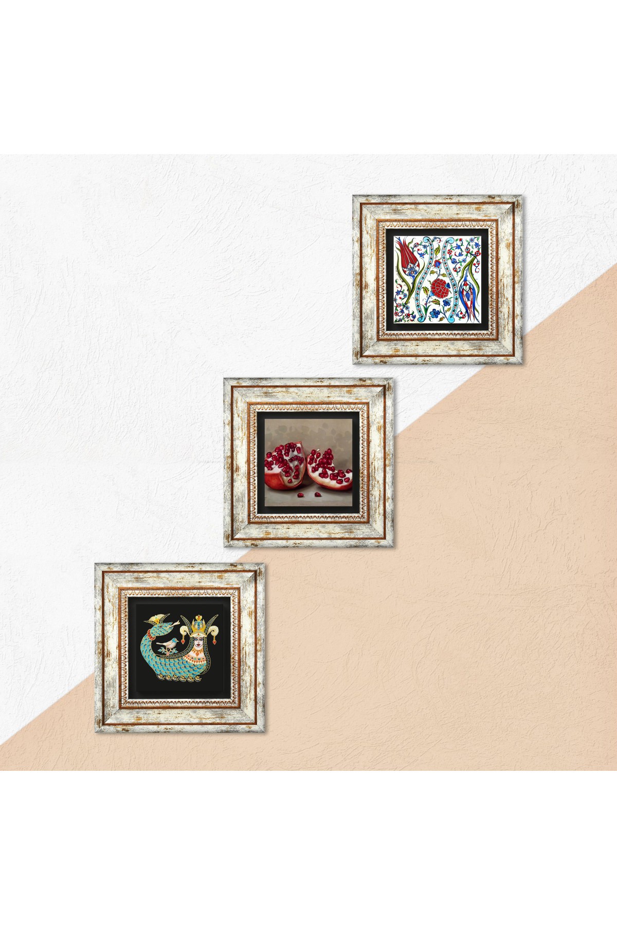 Tile Art Tulip, Shahmaran, Pomegranate Stone Wall Painting Framed Wall Decor 3 Piece Painting Set Wall Art