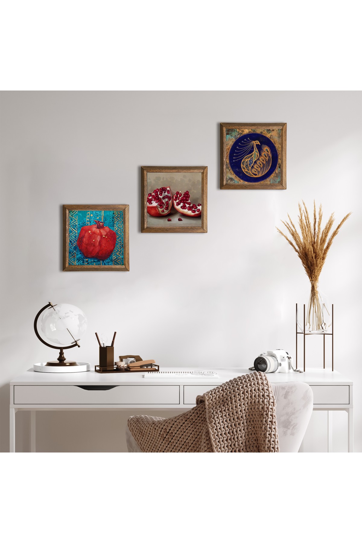 Tavus Kuşu, Nar Taş Duvar Tablosu Ahşap Çerçeveli Duvar Dekoru 3 Parça Tablo Seti Wall Art