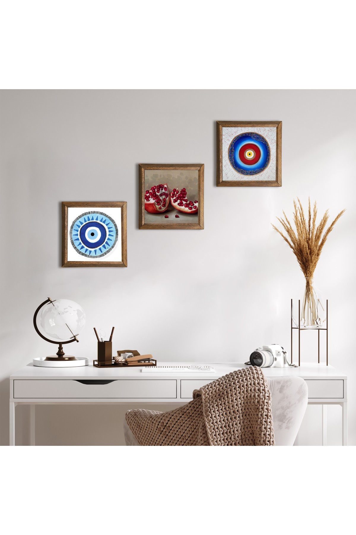 Evil Eye, Pomegranate Stone Wall Painting Wooden Framed Wall Decor 3 Piece Painting Set Wall Art