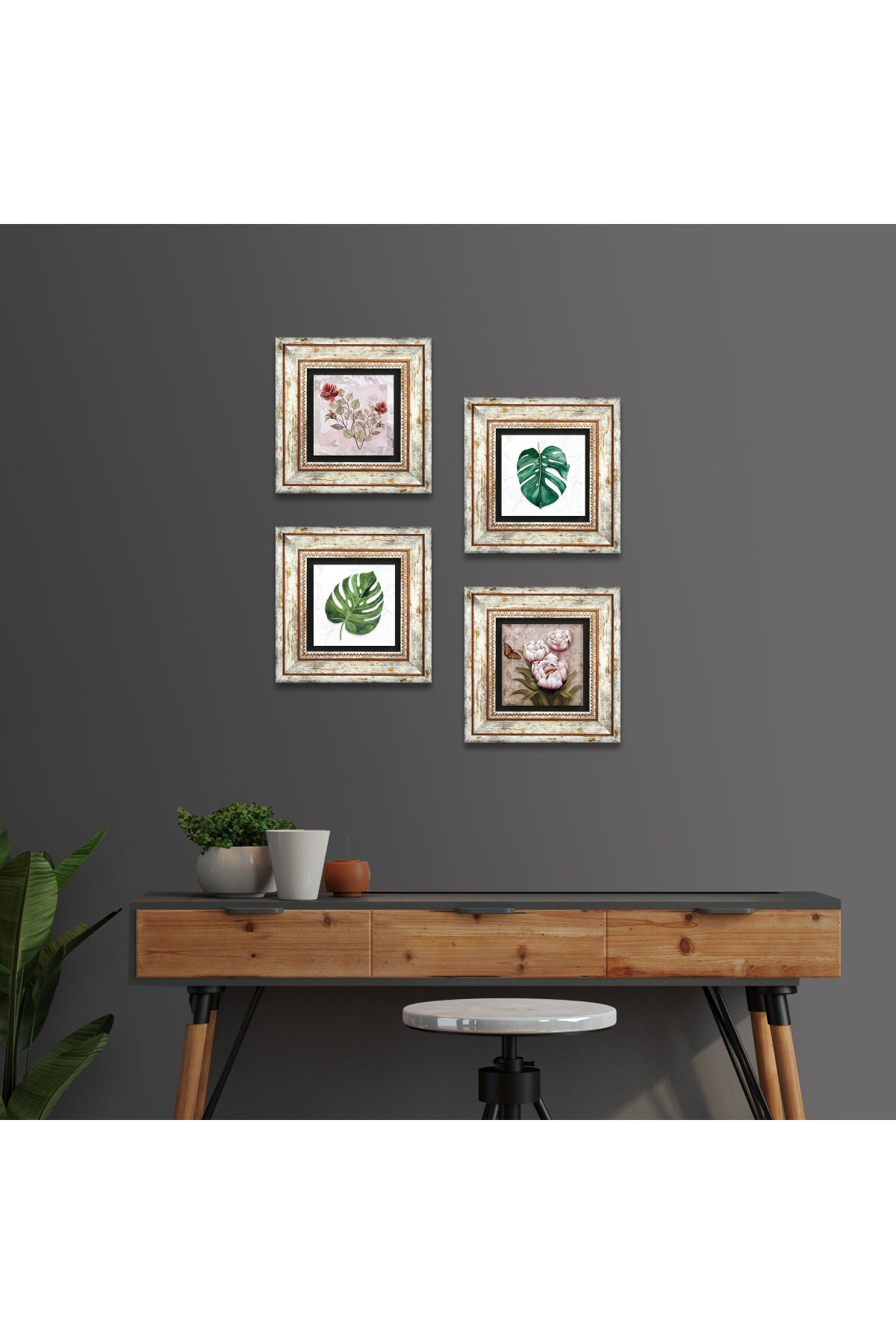 Gül, Yaprak, Kelebekli Çiçek Taş Duvar Tablosu Çerçeveli Duvar Dekoru 4 Parça Tablo Seti Wall Art