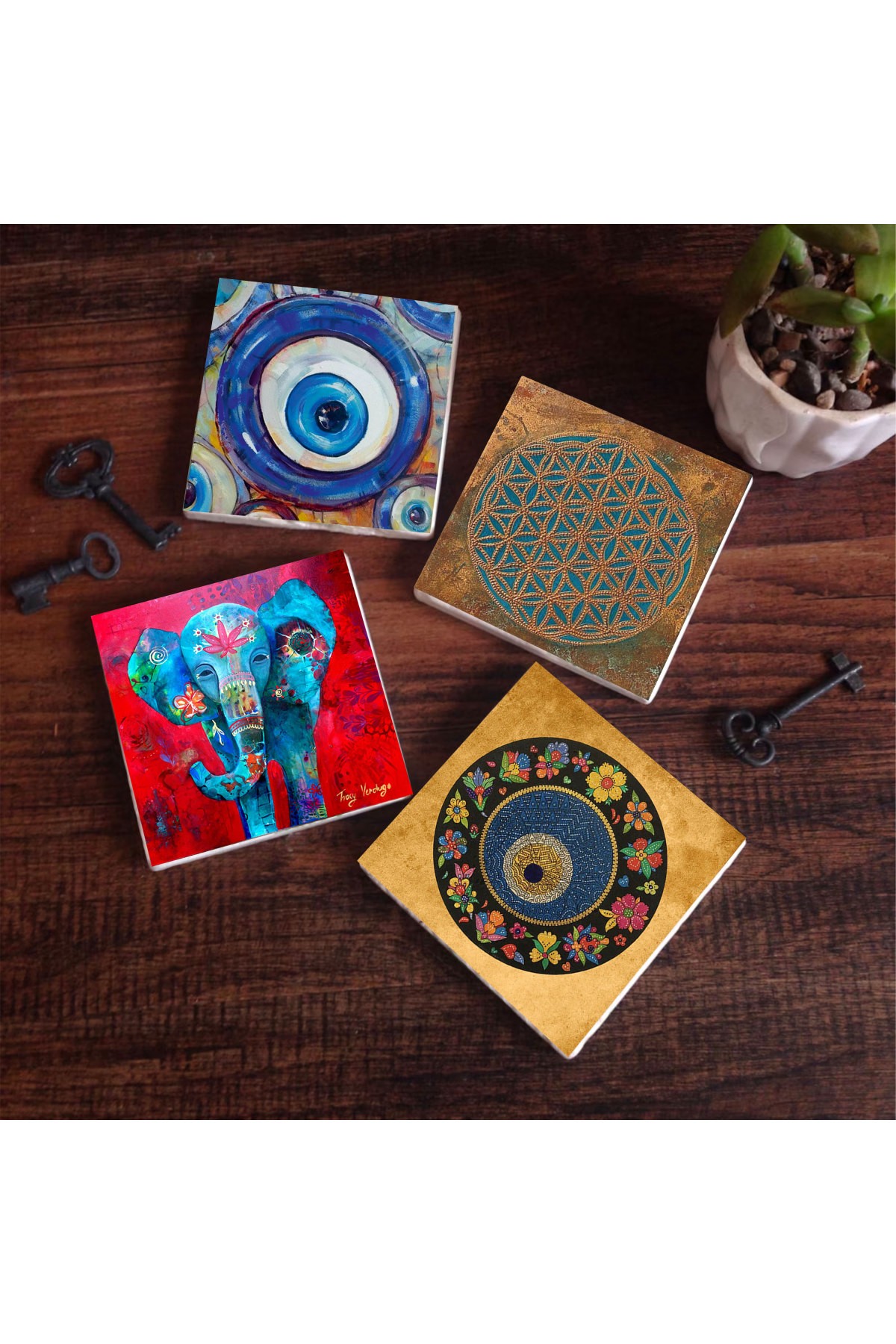 Evil Eye, Flower of Life, Elephant Stone Coasters Desktop Protective Coasters 4 Piece Set 10x10cm Stone Coasters