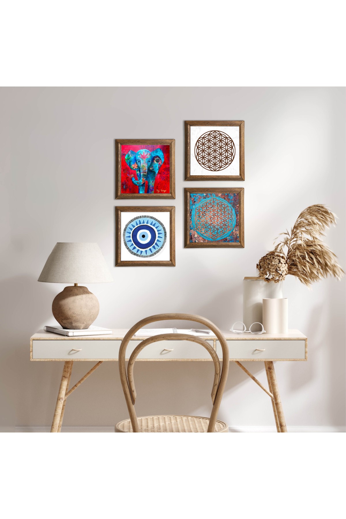 Evil Eye, Elephant, Flower of Life Stone Wall Painting Wooden Framed Wall Decor 4 Piece Painting Set Wall Art