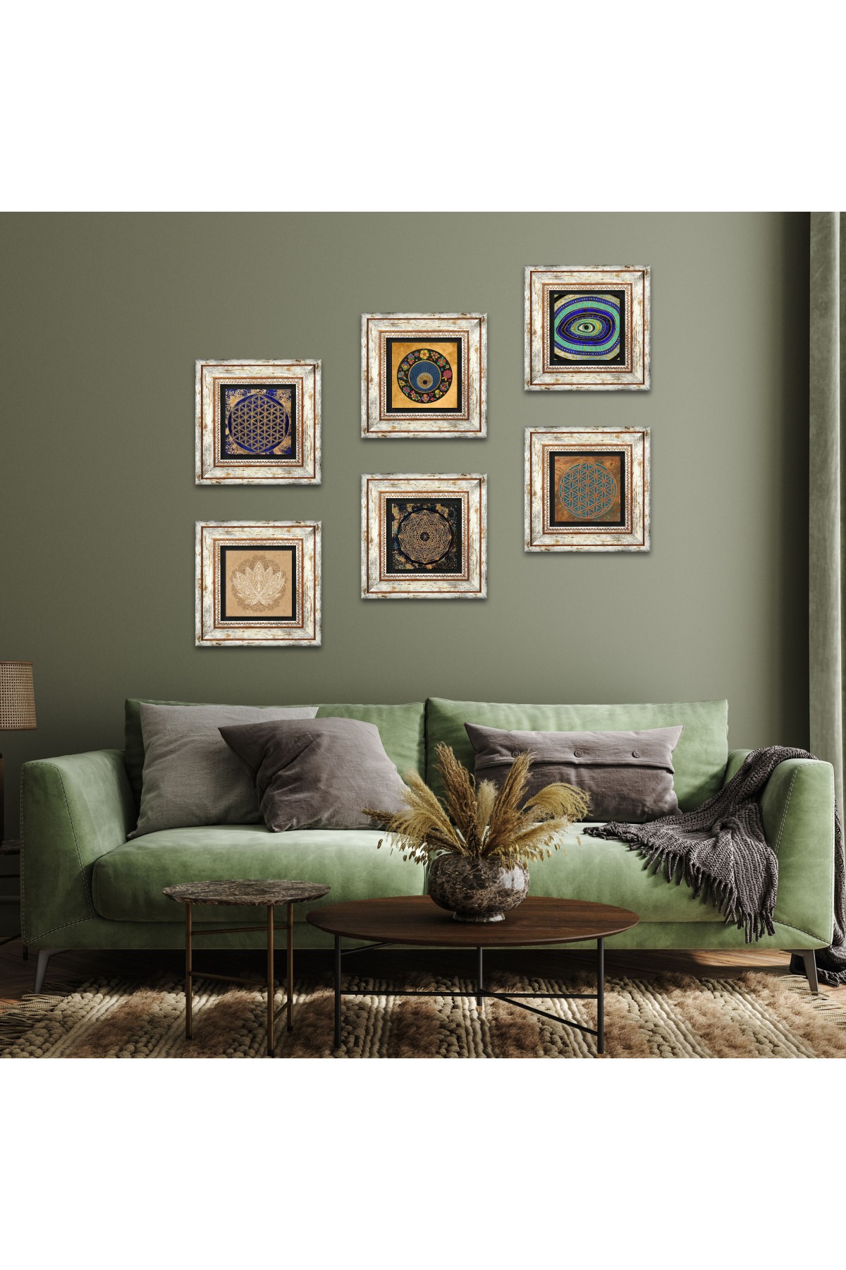 Nazar, Sri Yantra, Lotus Çiçeği, Yaşam Çiçeği Taş Duvar Tablosu Çerçeveli Duvar Dekoru 6 Parça Tablo Seti Wall Art