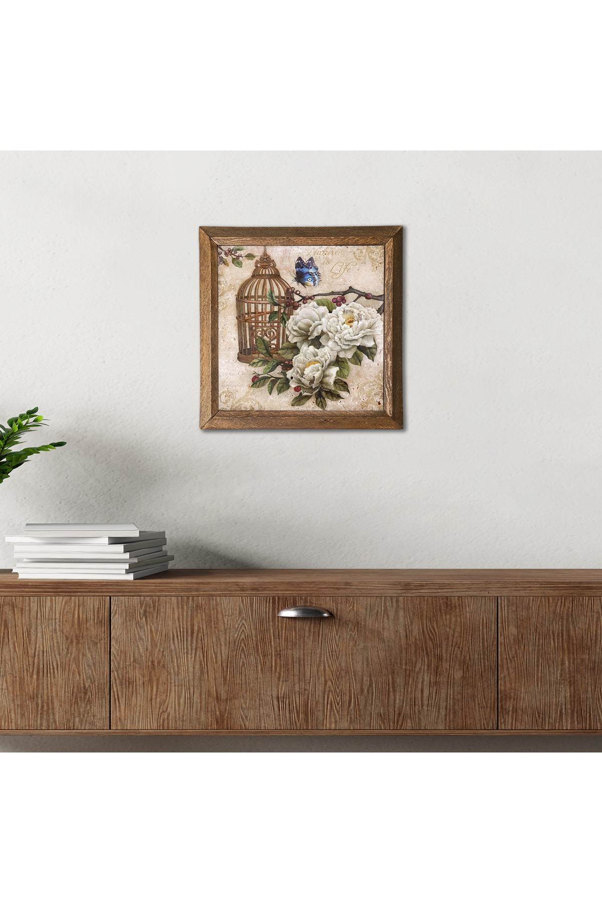 Butterfly Flower Stone Wall Painting Wooden Framed Wall Decor Wall Art 25x25cm