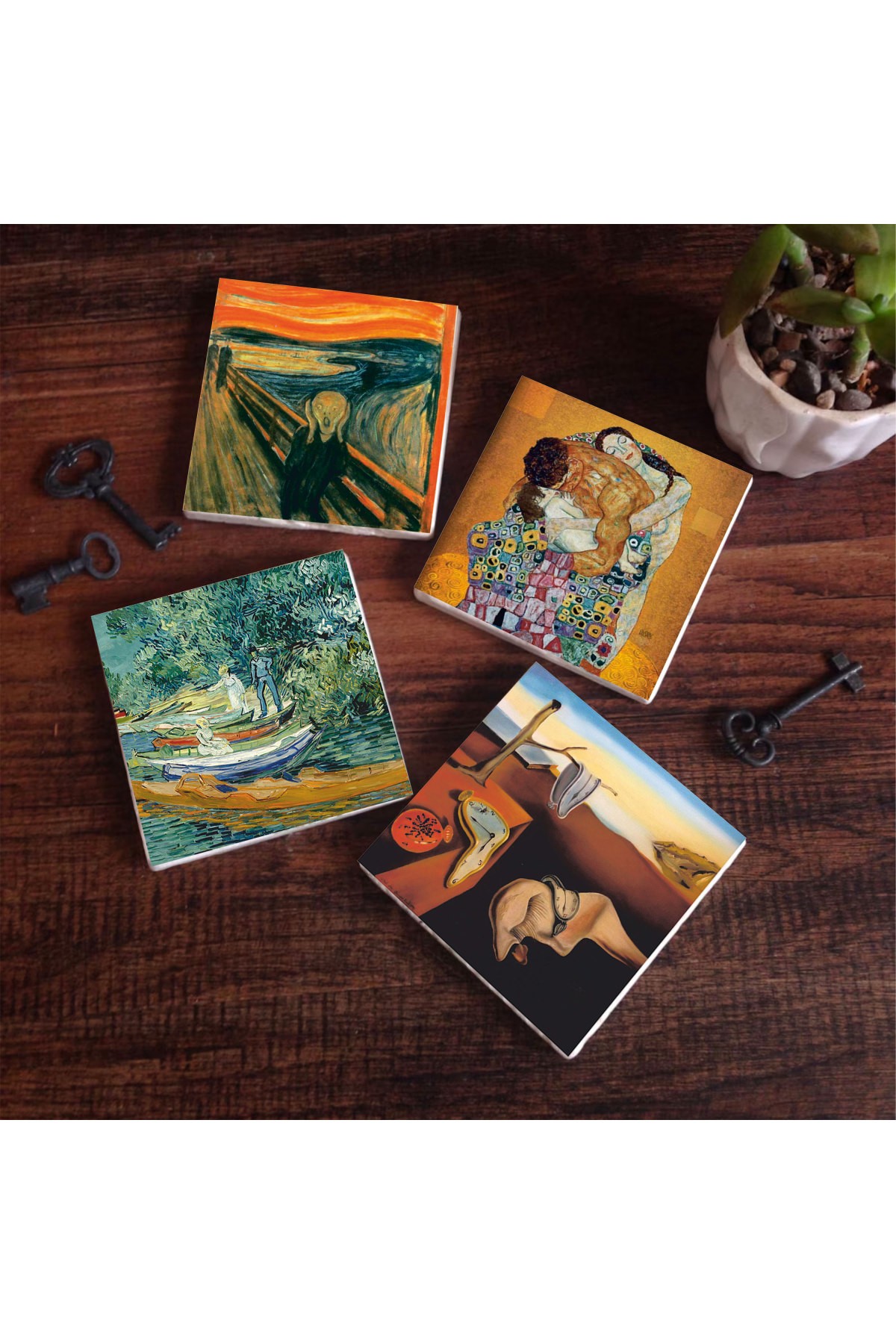 Dalí Belleğin Azmi, Van Gogh Oise Bankası, Çığlık, Klimt Aile Kucaklama Taş Bardak Altlığı Masaüstü Koruyucu Altlık 4 Parça Set 10x10cm Stone Coasters