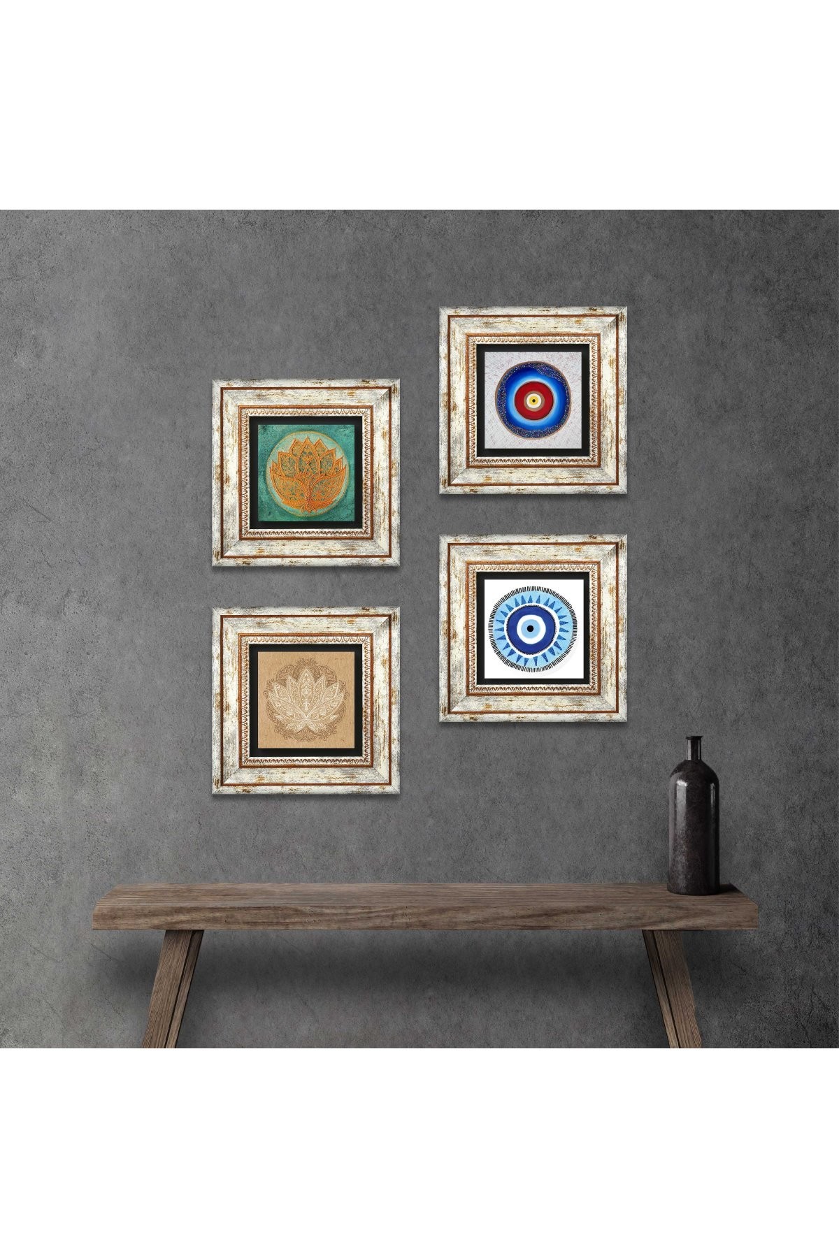 Nazar, Lotus Çiçeği Taş Duvar Tablosu Çerçeveli Duvar Dekoru 4 Parça Tablo Seti Wall Art