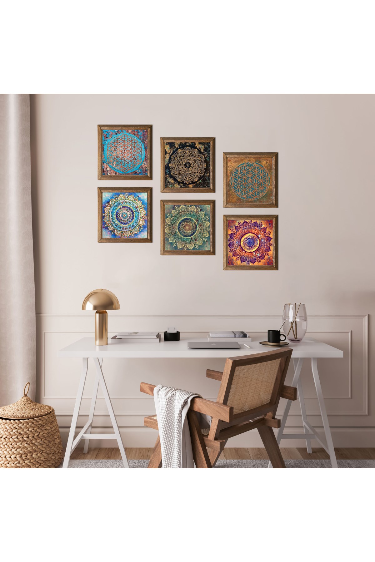 Mandala, Sri Yantra, Yaşam Çiçeği Taş Duvar Tablosu Ahşap Çerçeveli Duvar Dekoru 6 Parça Tablo Seti Wall Art