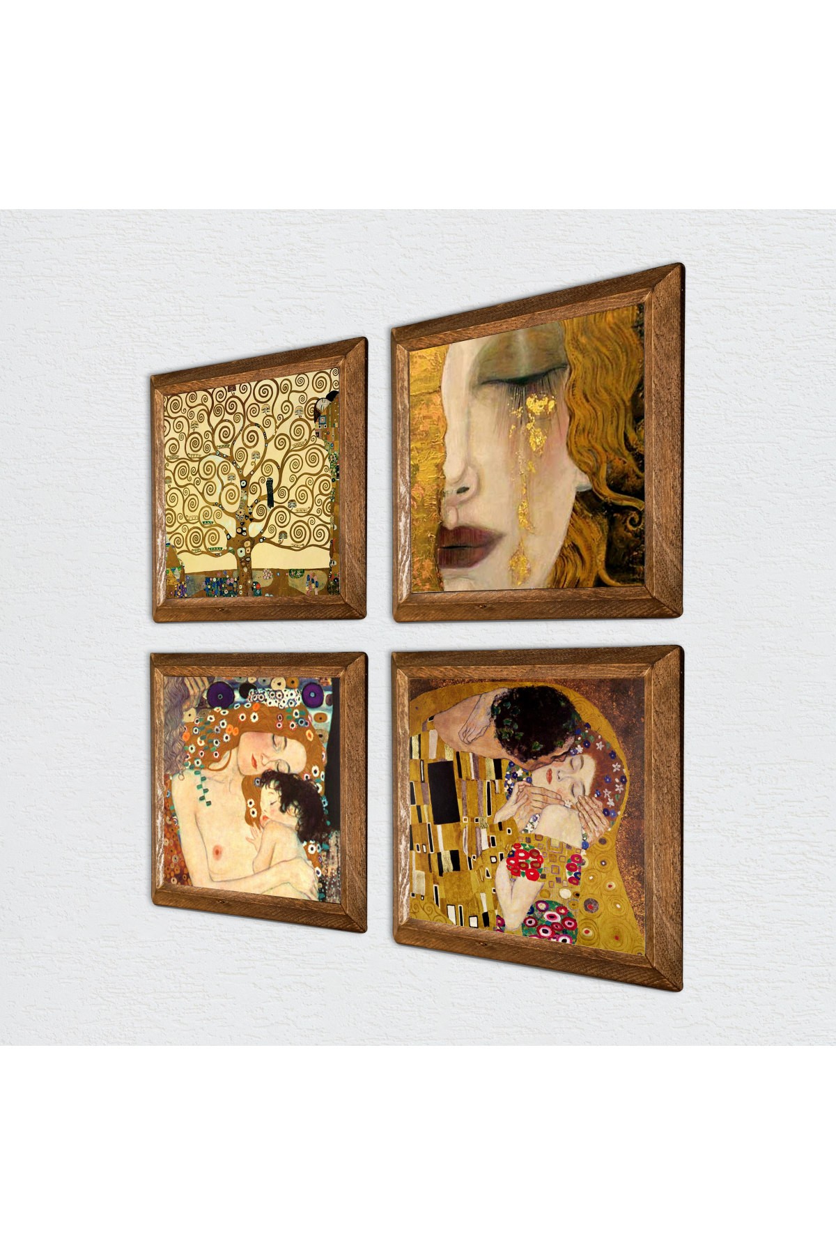 Gustav Klimt Altın Gözyaşları, Anne Çocuk, Öpücük, Hayat Ağacı Taş Duvar Tablosu Ahşap Çerçeveli Duvar Dekoru 4 Parça Tablo Seti Wall Art