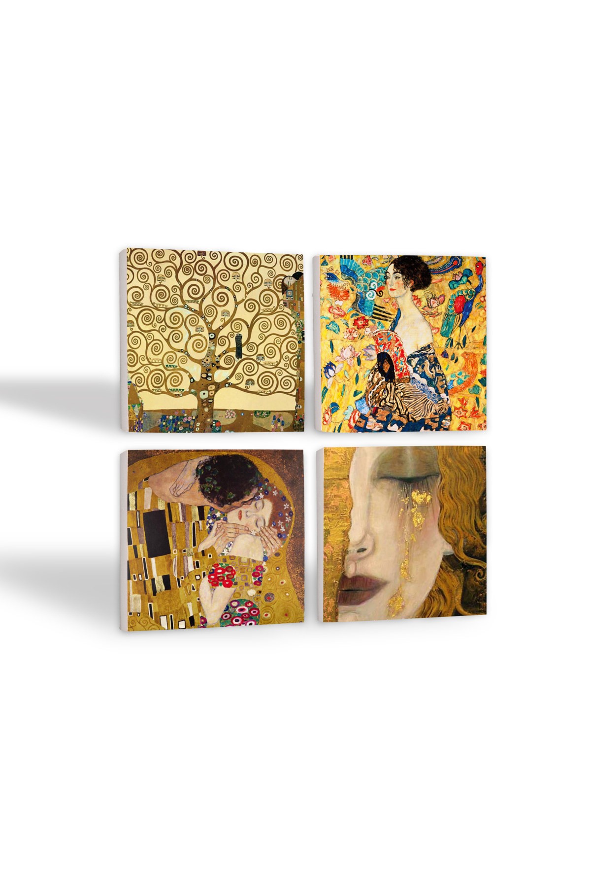 Gustav Klimt Yelpazeli Kadın, Altın Gözyaşları, Öpücük, Hayat Ağacı Taş Bardak Altlığı Masaüstü Koruyucu Altlık 4 Parça Set 10x10cm Stone Coasters