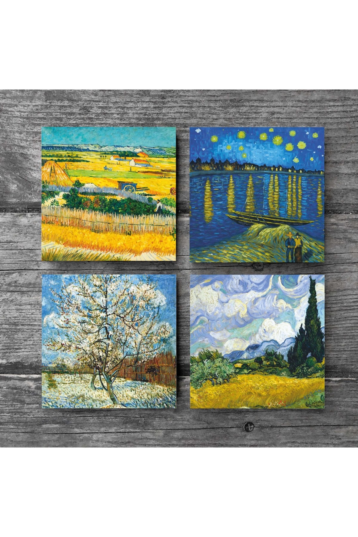 Van Gogh Buğday Tarlası, Şeftali Ağacı, Hasat Manzarası, Ren Nehri’nde Bir Gece Taş Bardak Altlığı Masaüstü Koruyucu Altlık 4 Parça Set 10x10cm Stone Coasters