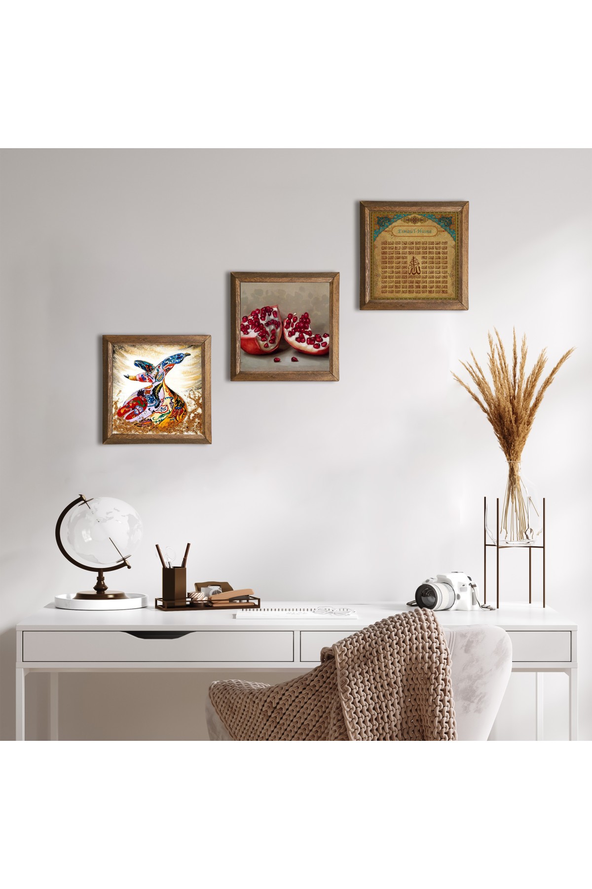 Esma'ül Hüsna, Whirling Dervish, Pomegranate Stone Wall Painting Wooden Framed Wall Decor 3 Piece Painting Set Wall Art