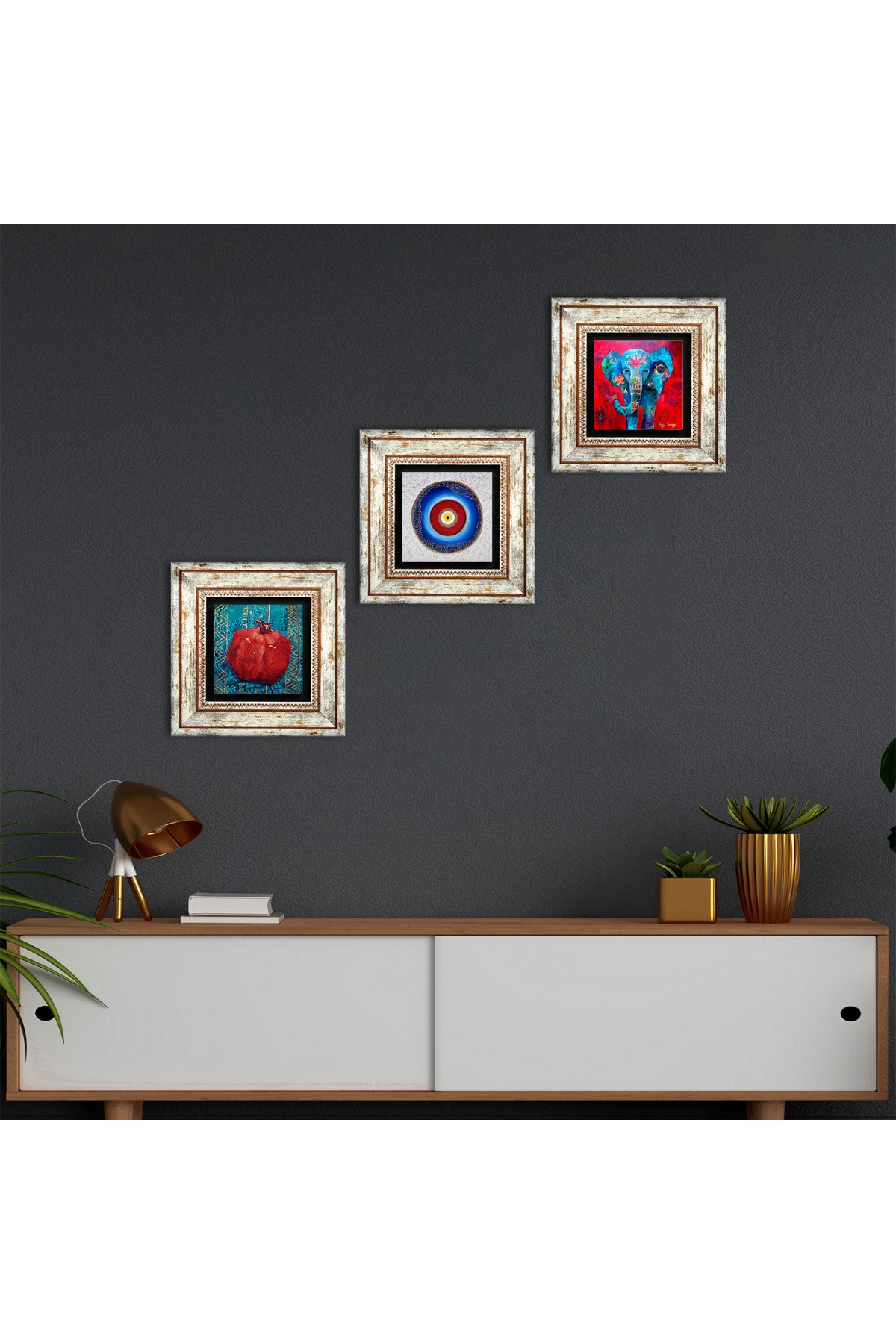 Evil Eye, Elephant, Pomegranate Stone Wall Painting Framed Wall Decor 3 Piece Painting Set Wall Art