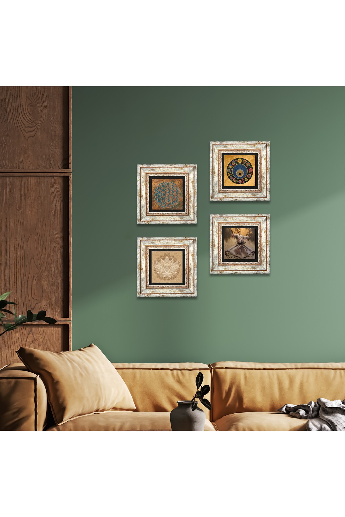 Yaşam Çiçeği, Semazen, Lotus Çiçeği, Nazar Taş Duvar Tablosu Çerçeveli Duvar Dekoru 4 Parça Tablo Seti Wall Art