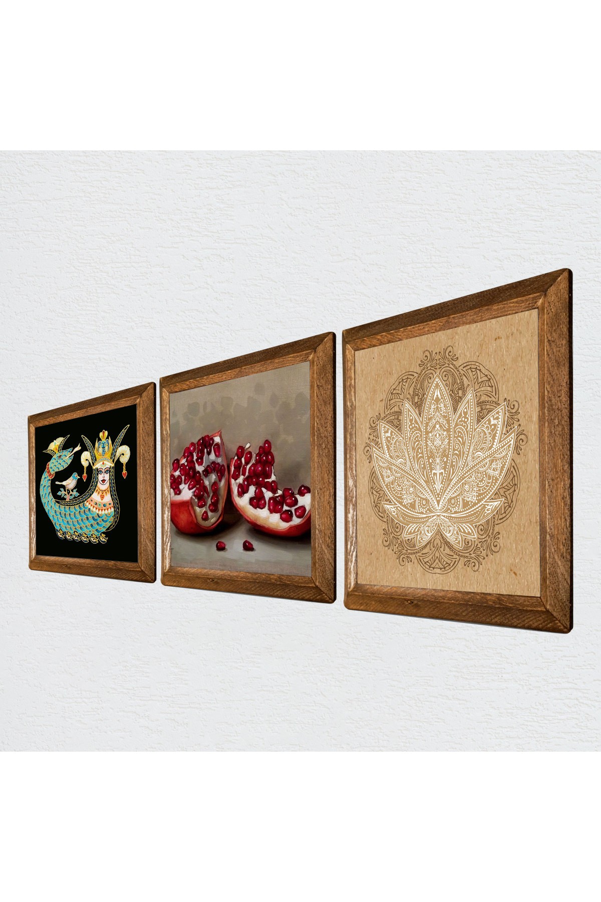 Lotus Çiçeği, Şahmeran, Nar Taş Duvar Tablosu Ahşap Çerçeveli Duvar Dekoru 3 Parça Tablo Seti Wall Art