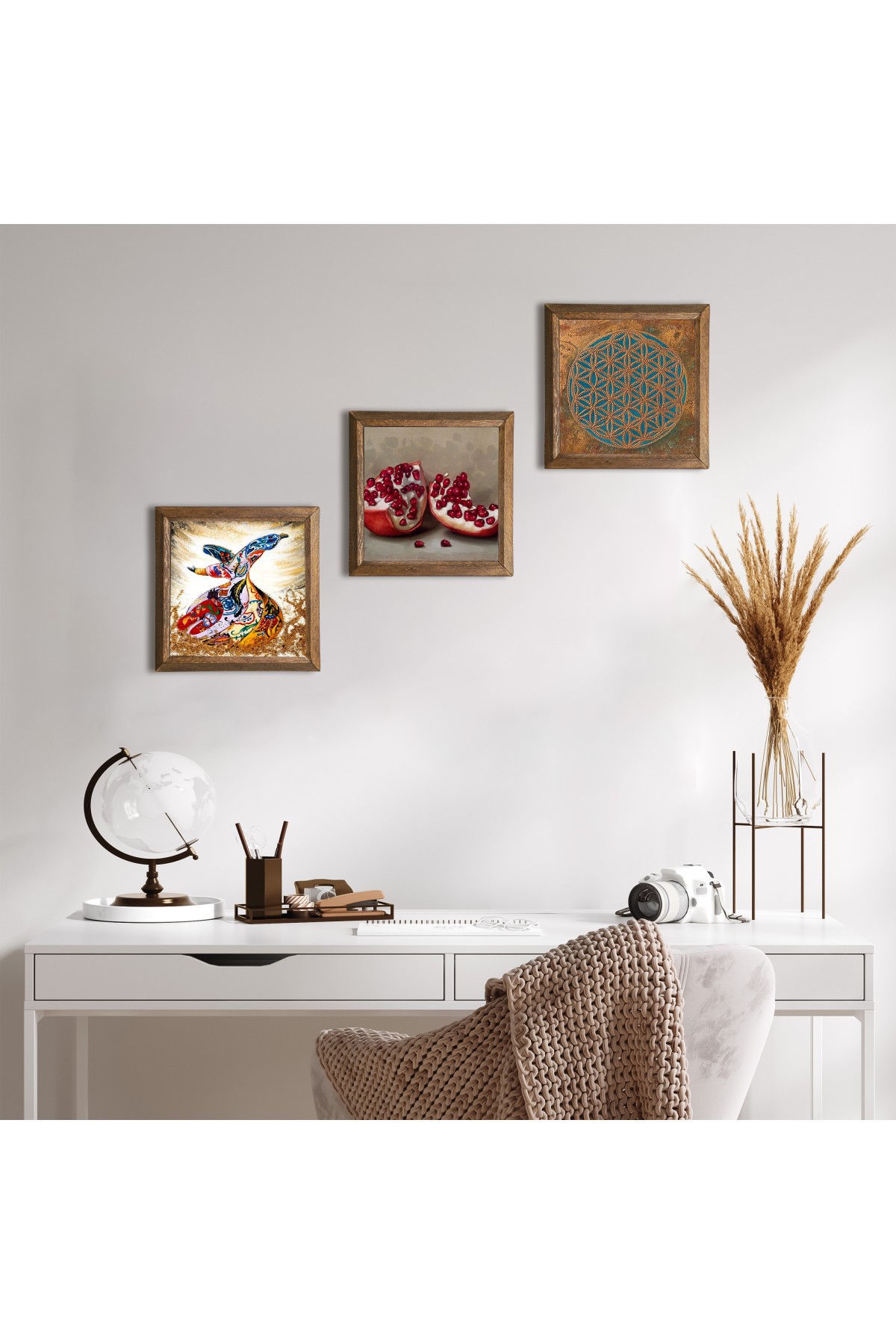 Flower of Life, Whirling Dervish, Pomegranate Stone Wall Painting Wooden Framed Wall Decor 3 Piece Painting Set Wall Art