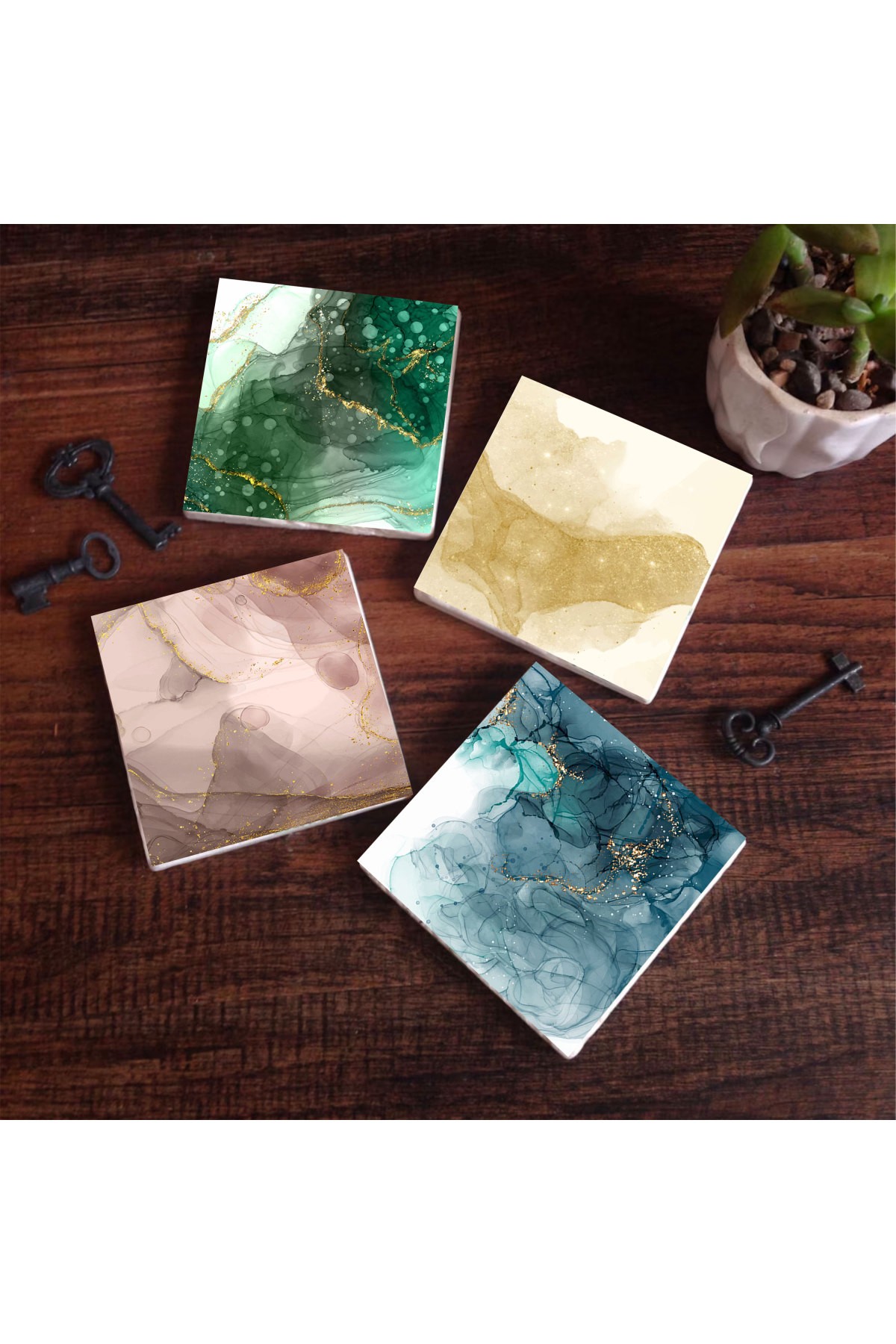 Soyut Sanat Taş Bardak Altlığı Masaüstü Koruyucu Altlık 4 Parça Set 10x10cm Stone Coasters