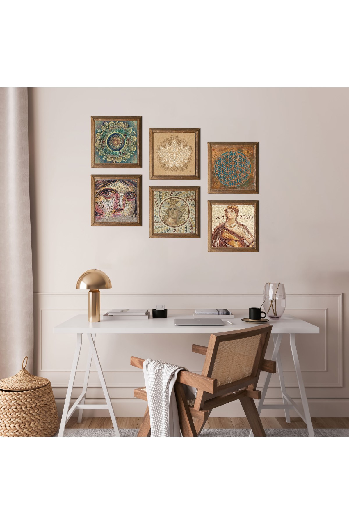 Çingene Kızı, Soteria Mozaiği, Lotus, Yaşam Çiçeği, Mandala Taş Duvar Tablosu Ahşap Çerçeveli Duvar Dekoru 6 Parça Tablo Seti Wall Art