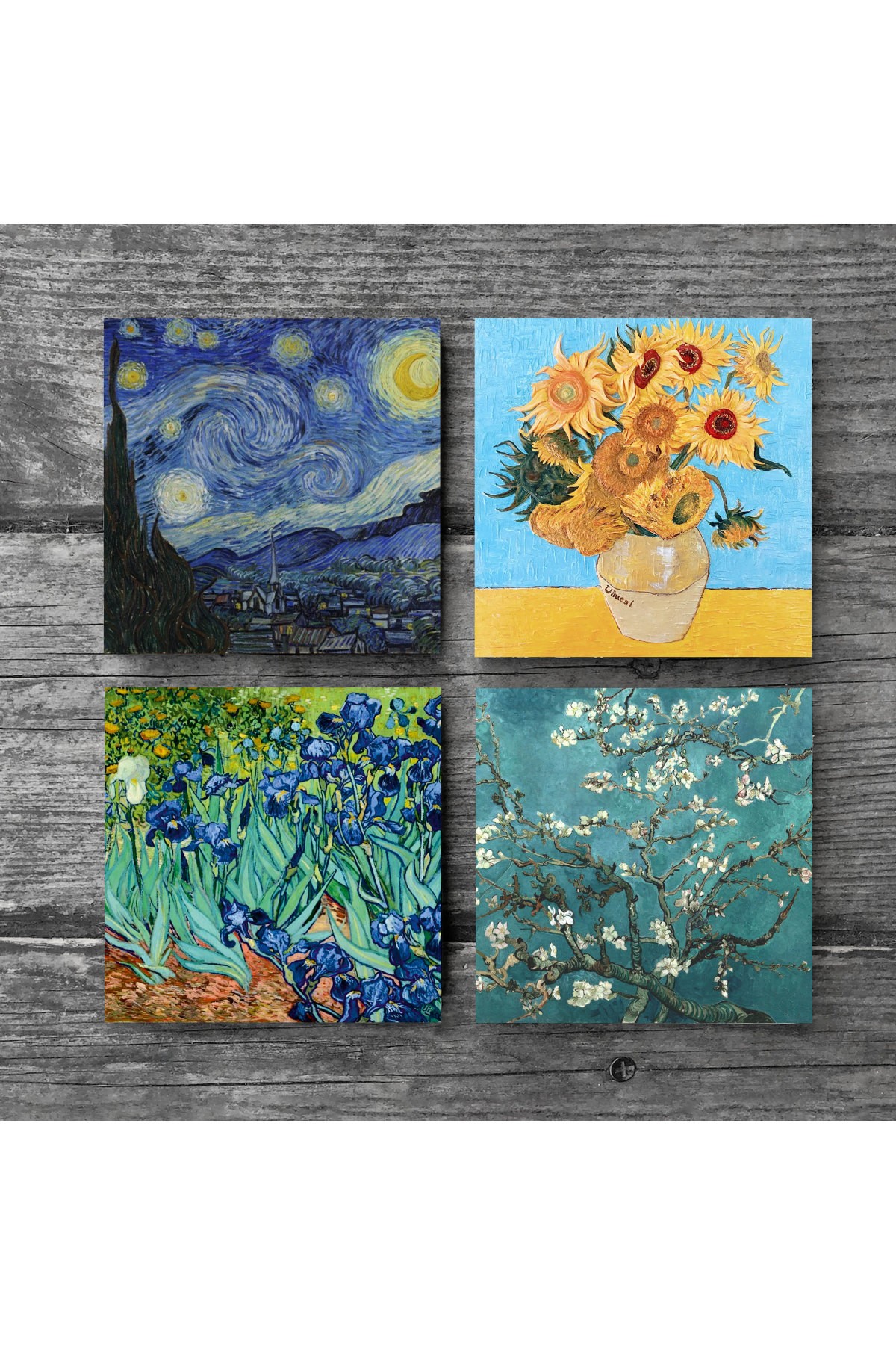 Van Gogh On İki Ayçiçekli Vazo, İrisler, Yıldızlı Gece, Badem Ağacı Taş Bardak Altlığı Masaüstü Koruyucu Altlık 4 Parça Set 10x10cm Stone Coasters