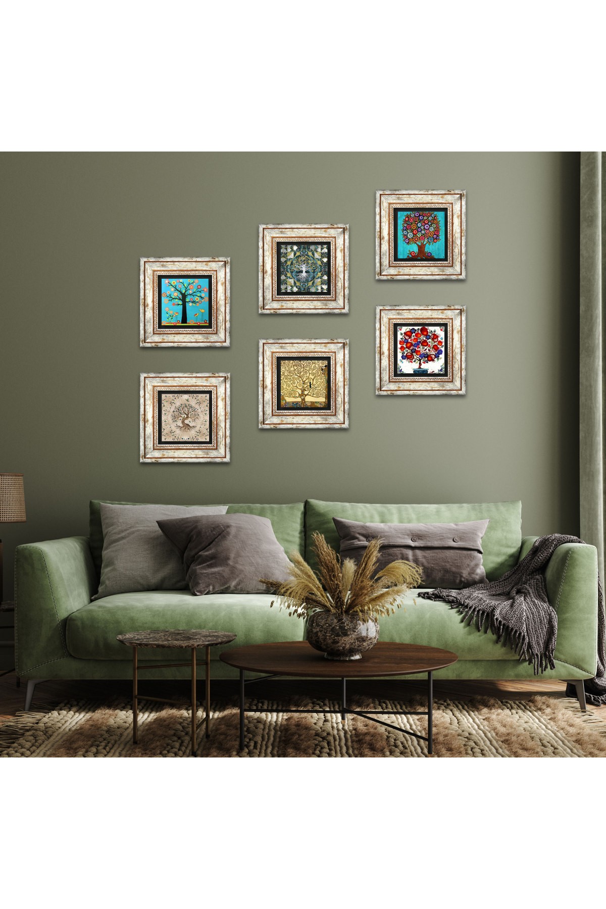 Hayat Ağacı, Nar Ağacı Taş Duvar Tablosu Çerçeveli Duvar Dekoru 6 Parça Tablo Seti Wall Art