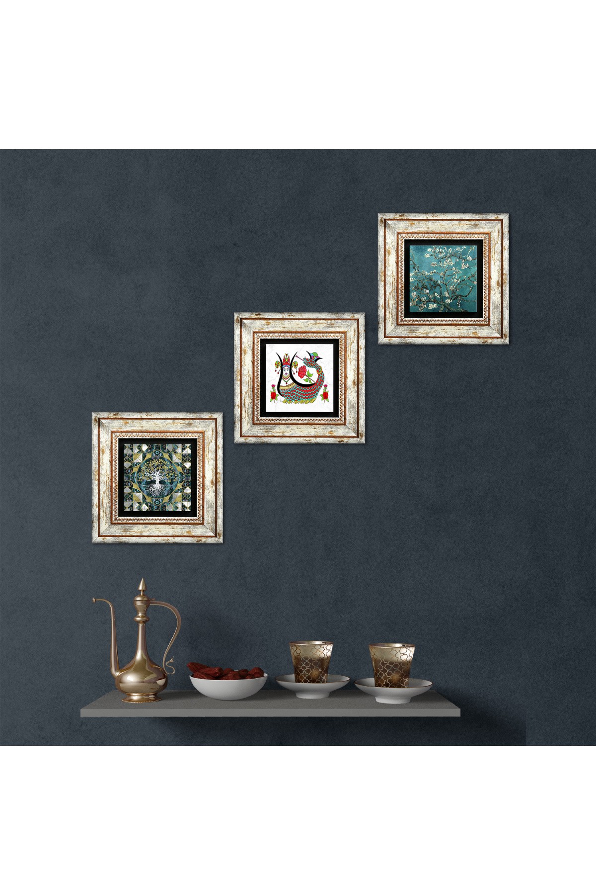 Tree of Life, Shahmaran, Van Gogh Almond Tree Stone Wall Painting Framed Wall Decor 3 Piece Painting Set Wall Art