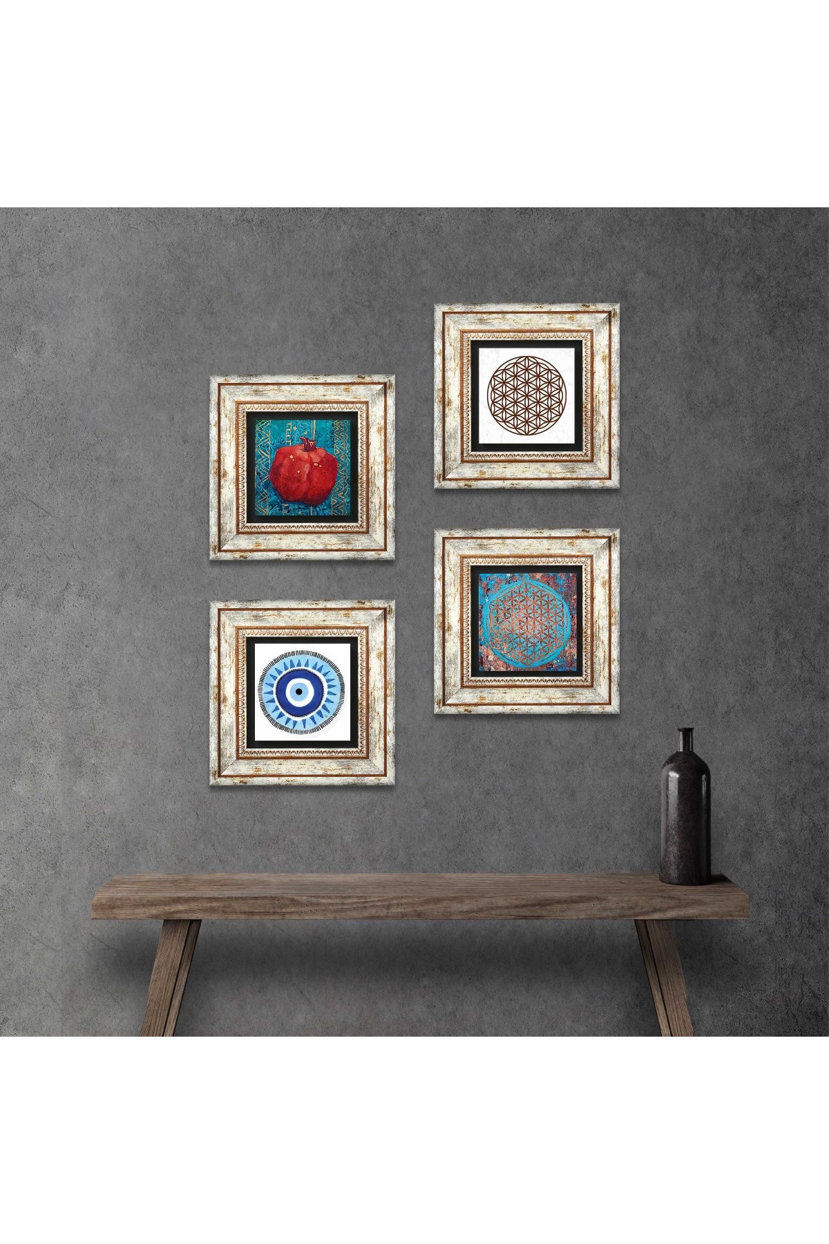 Evil Eye, Flower of Life, Pomegranate Stone Wall Painting Framed Wall Decor 4 Piece Painting Set Wall Art