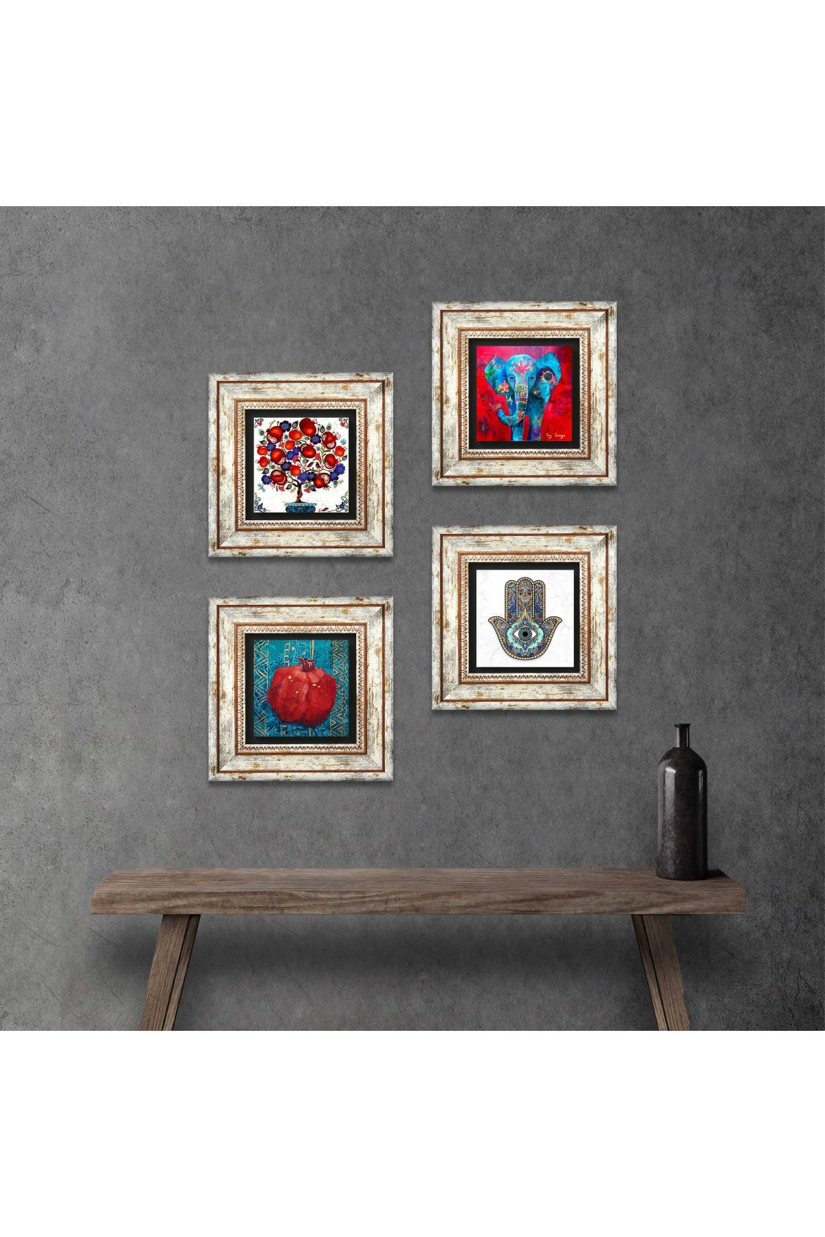 Elephant, Tree of Life, Pomegranate, Mother Fatima Hand (Hamsa) Stone Wall Painting Framed Wall Decor 4 Piece Painting Set Wall Art