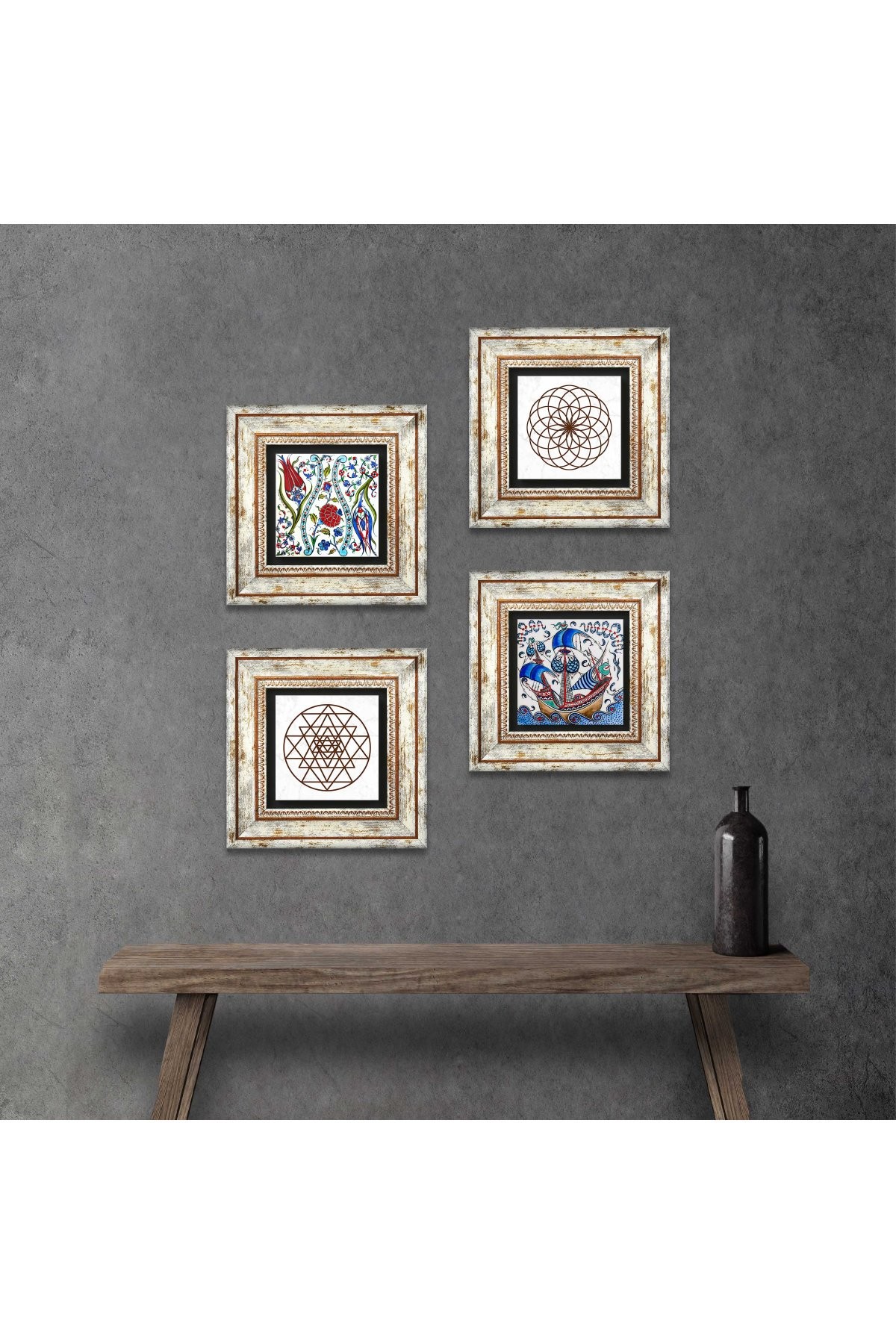 Çini Sanatı Yelkenli Gemi, Lale, Yaşam Çiçeği, Sri Yantra Taş Duvar Tablosu Çerçeveli Duvar Dekoru 4 Parça Tablo Seti Wall Art