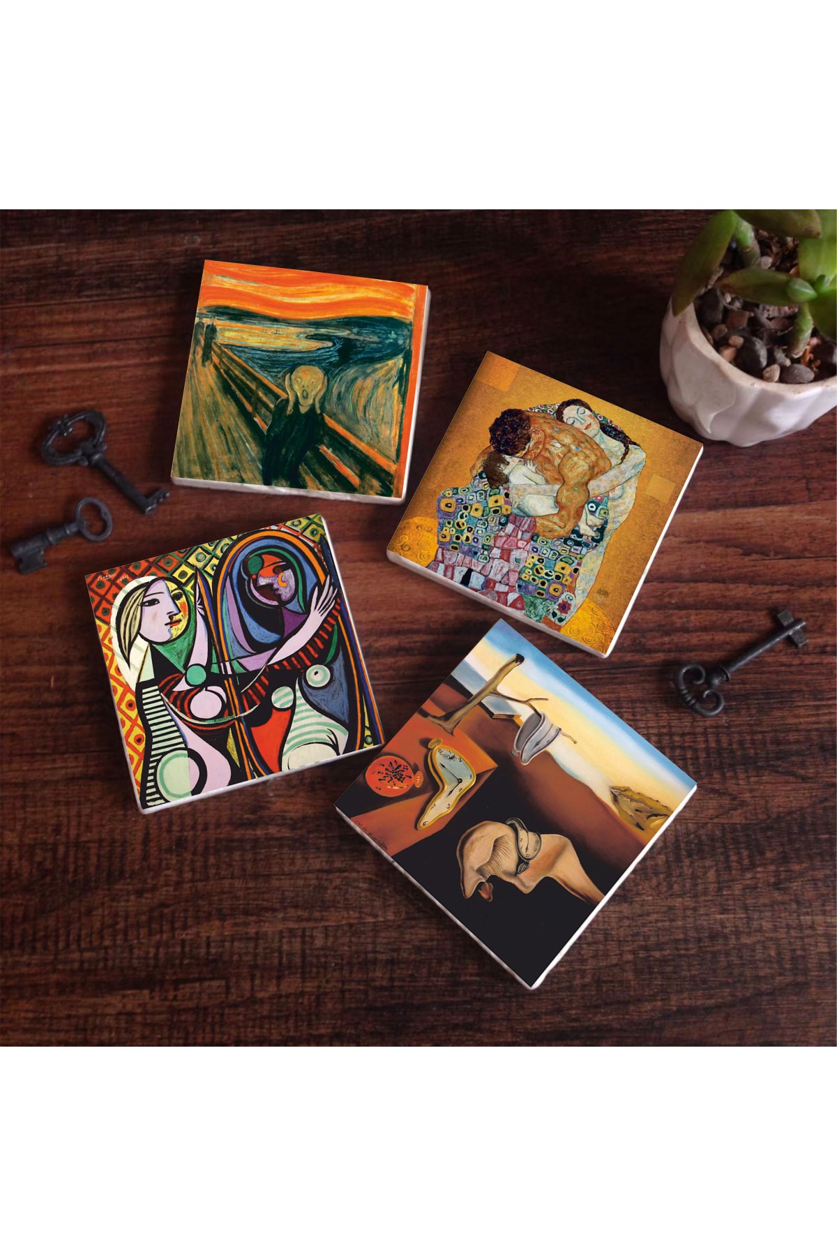 Dalí Belleğin Azmi, Picasso Ayna Karşısındaki Kız, Çığlık, Klimt Aile Kucaklama Taş Bardak Altlığı Masaüstü Koruyucu Altlık 4 Parça Set 10x10cm Stone Coasters