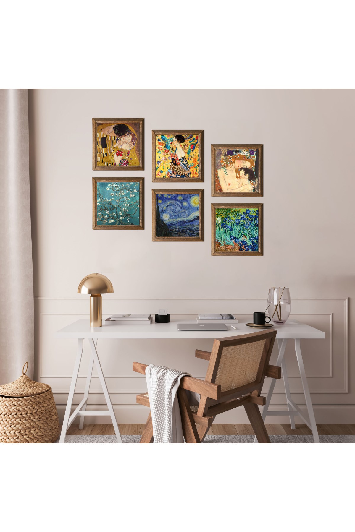 Gustav Klimt, Van Gogh Taş Duvar Tablosu Ahşap Çerçeveli Duvar Dekoru 6 Parça Tablo Seti Wall Art