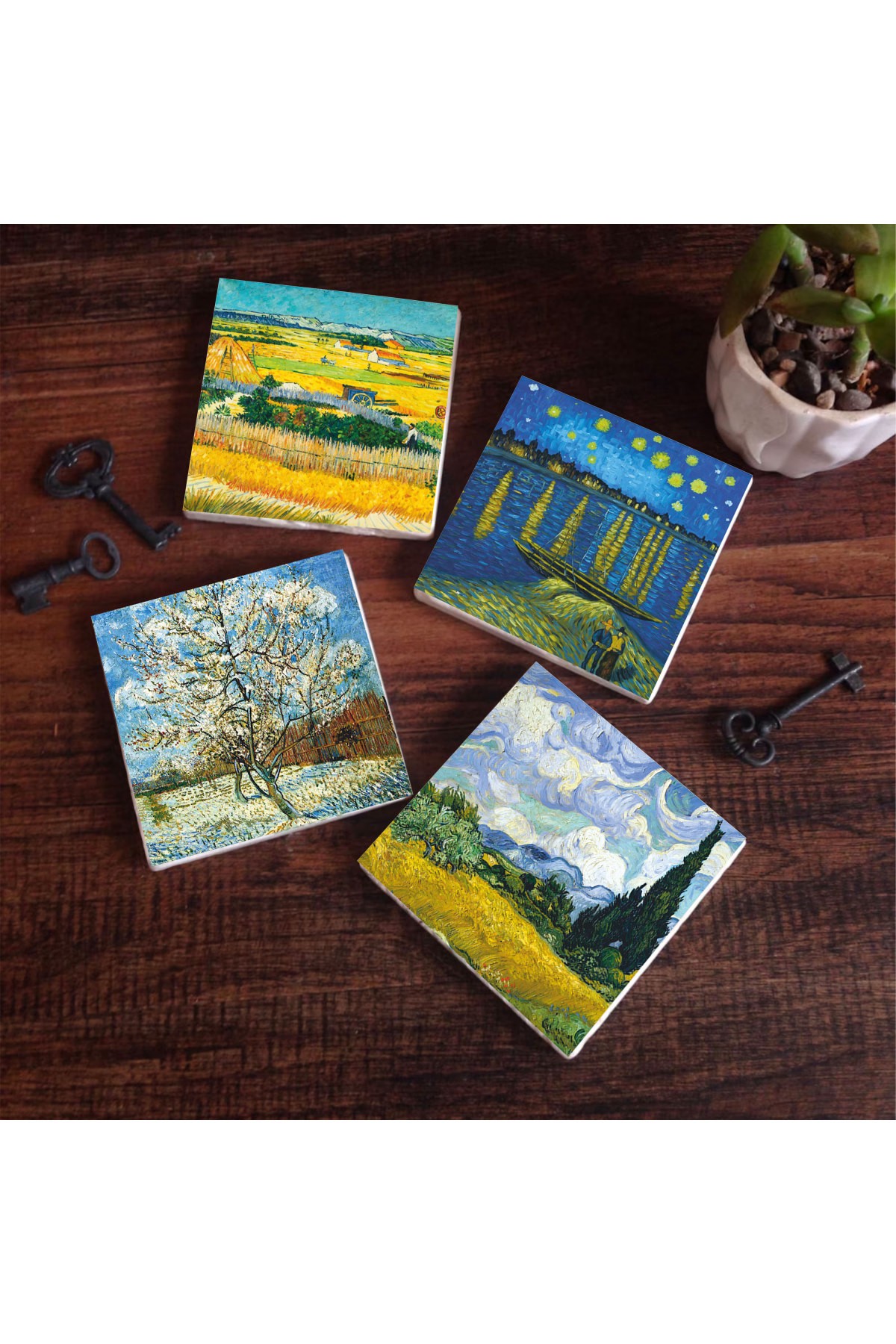 Van Gogh Buğday Tarlası, Şeftali Ağacı, Hasat Manzarası, Ren Nehri’nde Bir Gece Taş Bardak Altlığı Masaüstü Koruyucu Altlık 4 Parça Set 10x10cm Stone Coasters