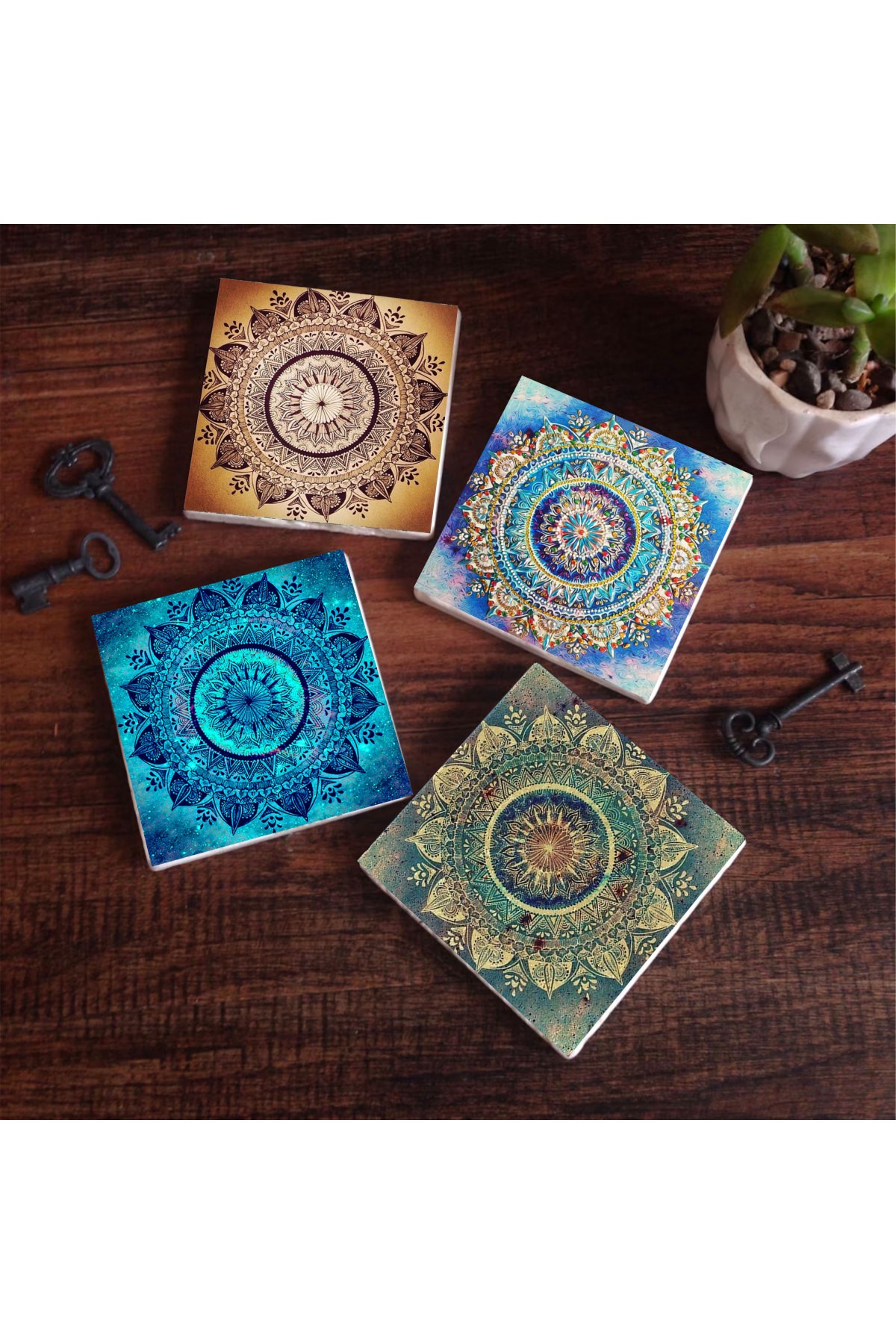 Mandala Stone Coaster Desktop Protective Coaster 4 Piece Set 10x10cm Stone Coasters