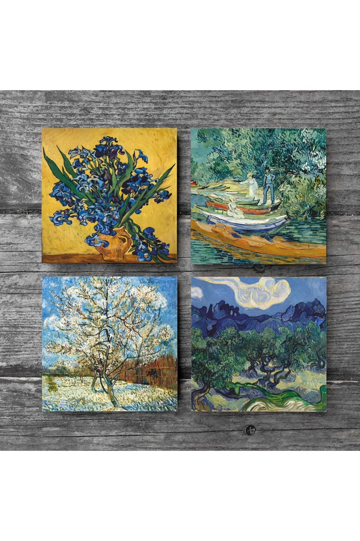 Van Gogh Zeytin Ağaçları, Şeftali Ağacı, Süsenler, Oise Bankası Taş Bardak Altlığı Masaüstü Koruyucu Altlık 4 Parça Set 10x10cm Stone Coasters