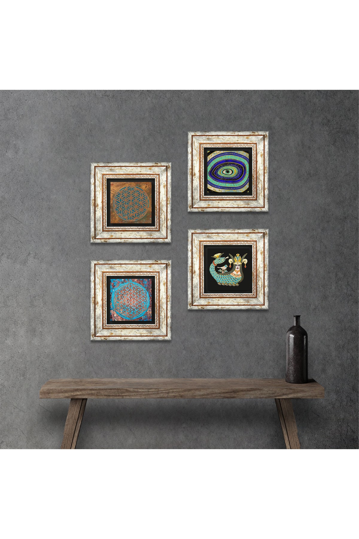 Evil Eye, Flower of Life, Shahmaran Stone Wall Painting Framed Wall Decor 4 Piece Painting Set Wall Art