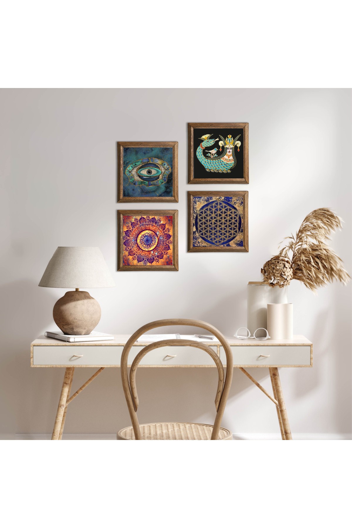 Mandala, Nazar, Yaşam Çiçeği, Şahmeran Taş Duvar Tablosu Ahşap Çerçeveli Duvar Dekoru 4 Parça Tablo Seti Wall Art