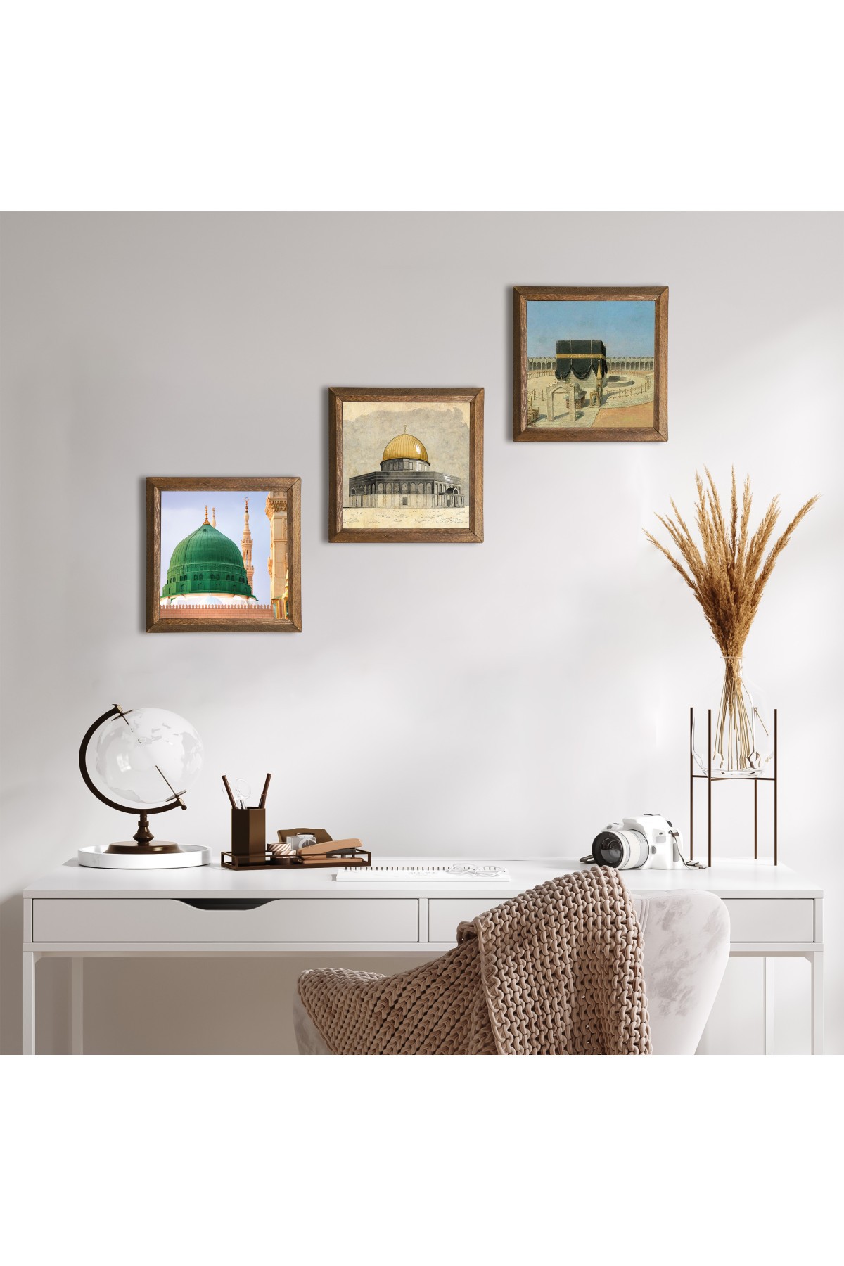 Kaaba-i Muazzama, Al-Aqsa Mosque, Ravza-i Mutahhara Stone Wall Painting Wooden Framed Wall Decor 3 Piece Painting Set Wall Art