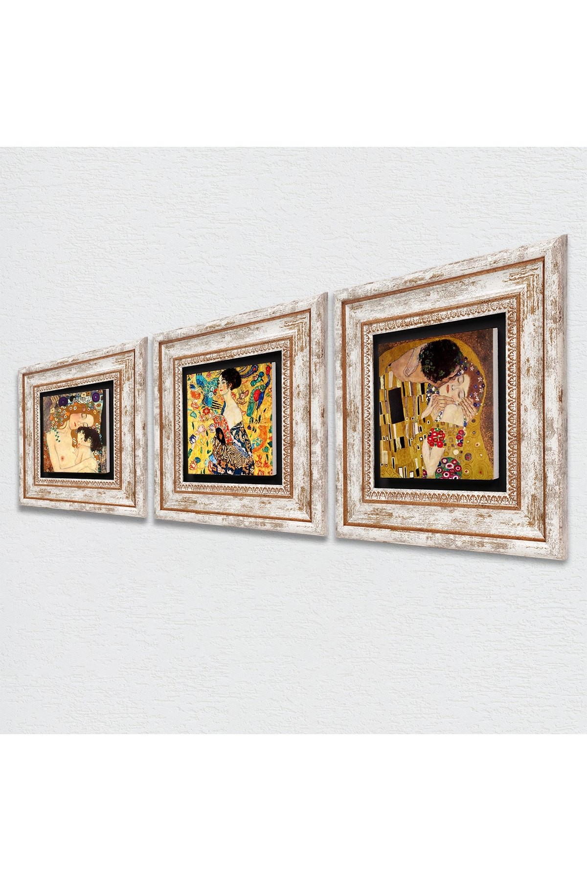 Gustav Klimt Woman with Fan, Mother Child, Kiss Stone Wall Painting Framed Wall Decor 3 Piece Painting Set Wall Art