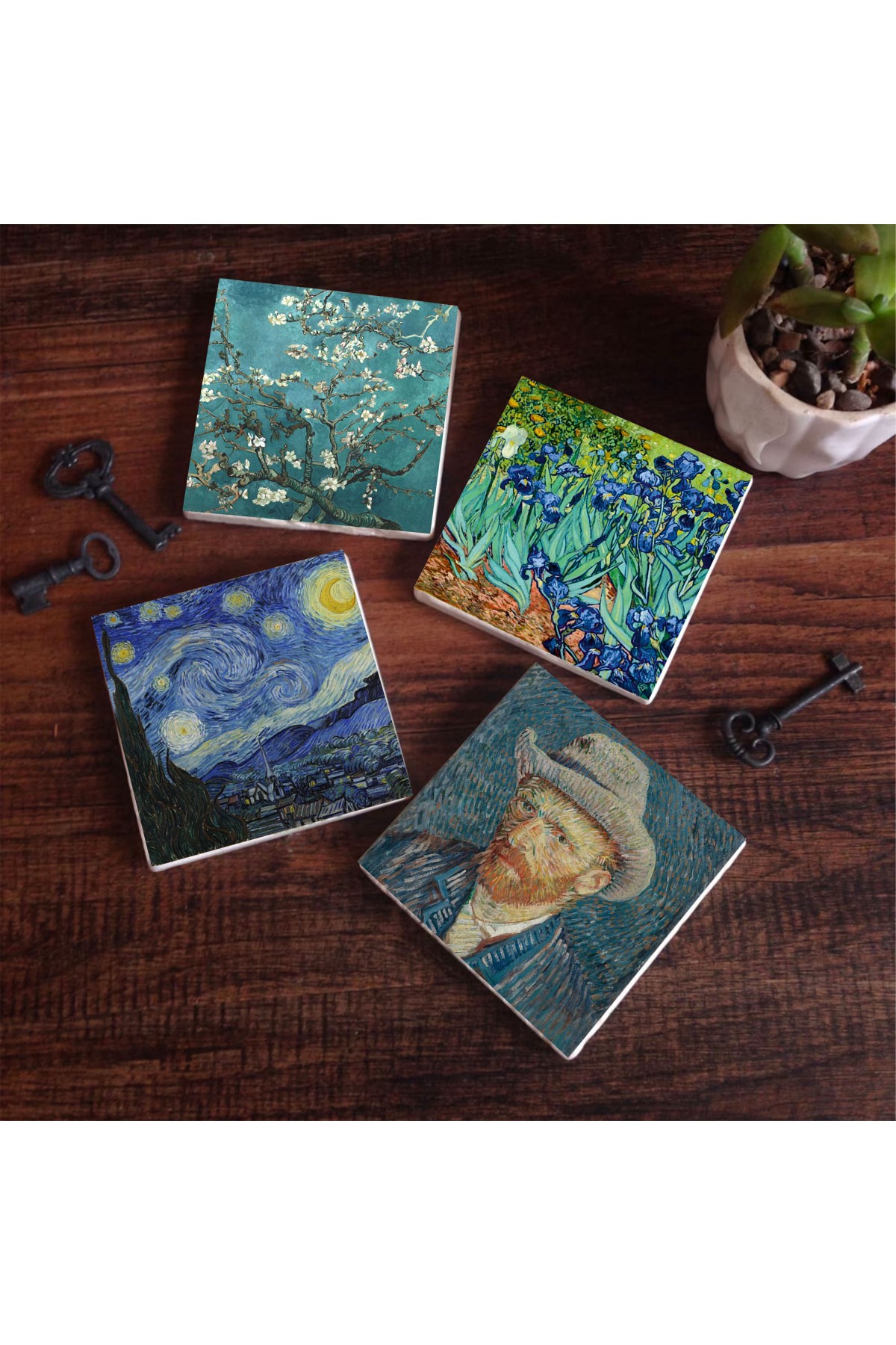 Van Gogh İrisler, Yıldızlı Gece, Badem Ağacı, Otoportre Taş Bardak Altlığı Masaüstü Koruyucu Altlık 4 Parça Set 10x10cm Stone Coasters