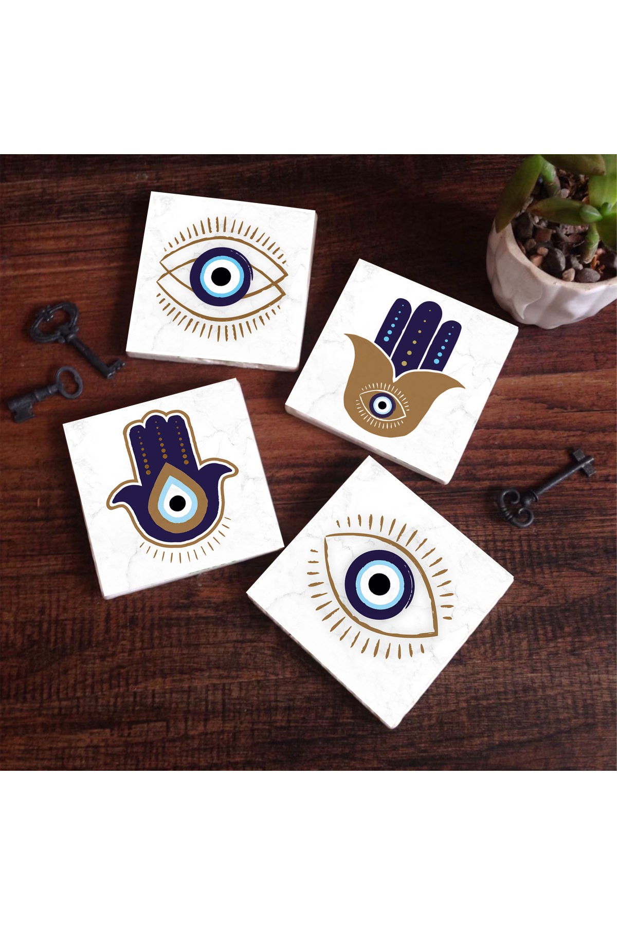 Mother of Fatma Hand (Hamsa), Evil Eye Stone Coaster Desktop Protective Coaster 4 Piece Set 10x10cm Stone Coasters