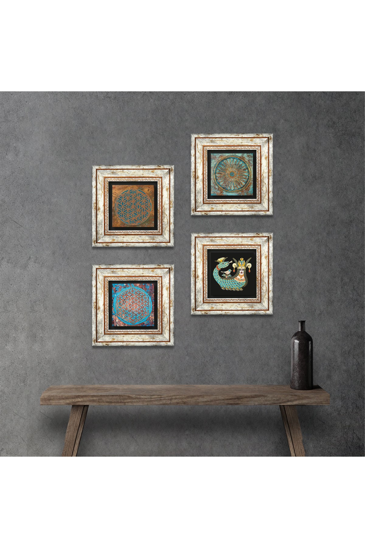 Flower of Life, Shahmaran Stone Wall Painting Framed Wall Decor 4 Piece Painting Set Wall Art