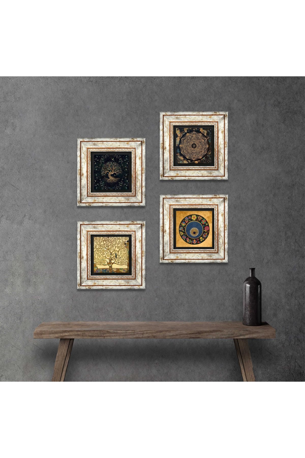 Sri Yantra, Tree of Life, Evil Eye, Gustav Klimt Tree of Life Stone Wall Painting Framed Wall Decor 4 Piece Painting Set Wall Art