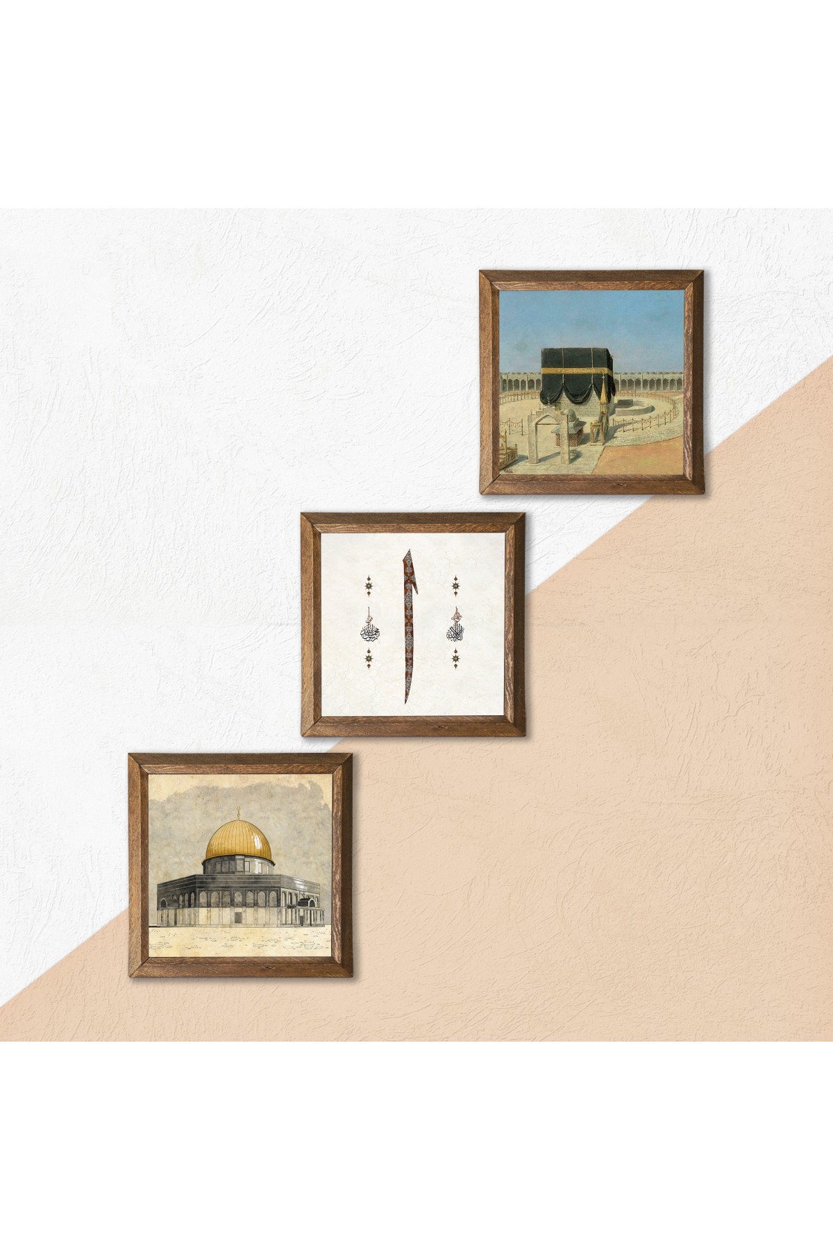 Kaaba-i Muazzama, Masjid al-Aqsa, Alif Stone Wall Painting Wooden Framed Wall Decor 3 Piece Painting Set Wall Art