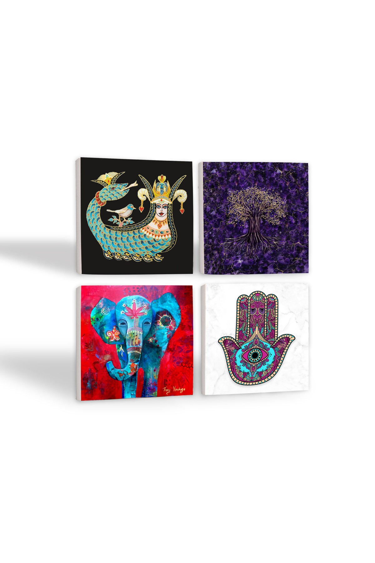 Tree of Life, Elephant, Fatima Hand (Hamsa), Shahmeran Stone Coaster Desktop Protective Coaster 4 Piece Set 10x10cm Stone Coasters