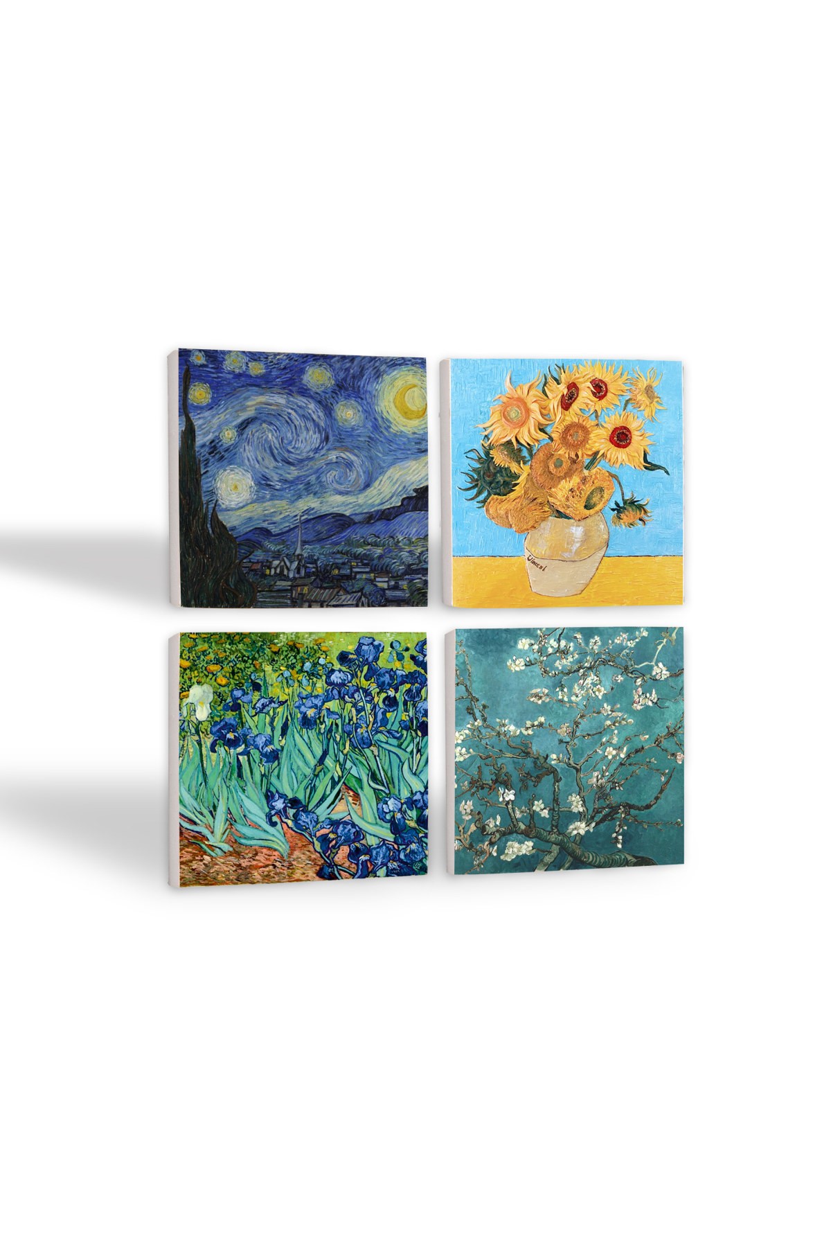 Van Gogh On İki Ayçiçekli Vazo, İrisler, Yıldızlı Gece, Badem Ağacı Taş Bardak Altlığı Masaüstü Koruyucu Altlık 4 Parça Set 10x10cm Stone Coasters