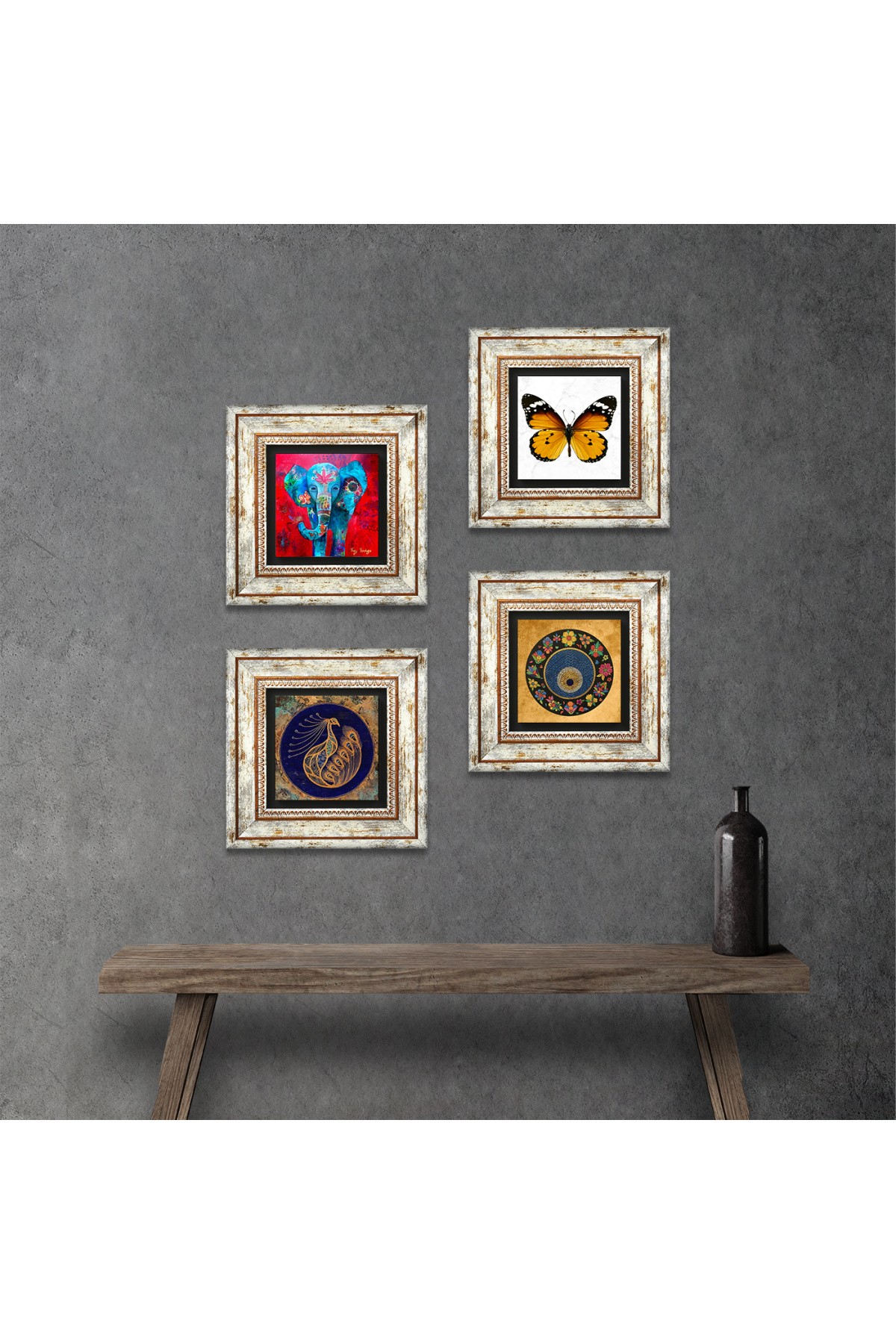 Butterfly, Elephant, Peacock, Evil Eye Stone Wall Painting Framed Wall Decor 4 Piece Painting Set Wall Art