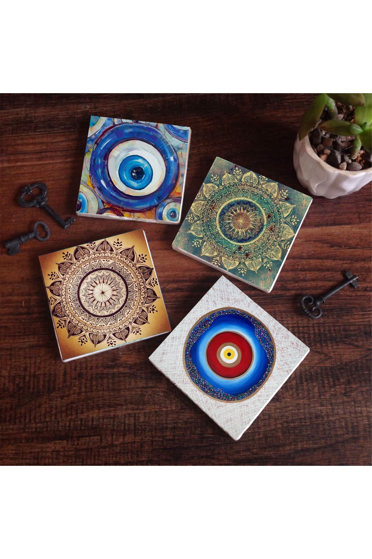 Nazar, Mandala Taş Bardak Altlığı Masaüstü Koruyucu Altlık 4 Parça Set 10x10cm Stone Coasters