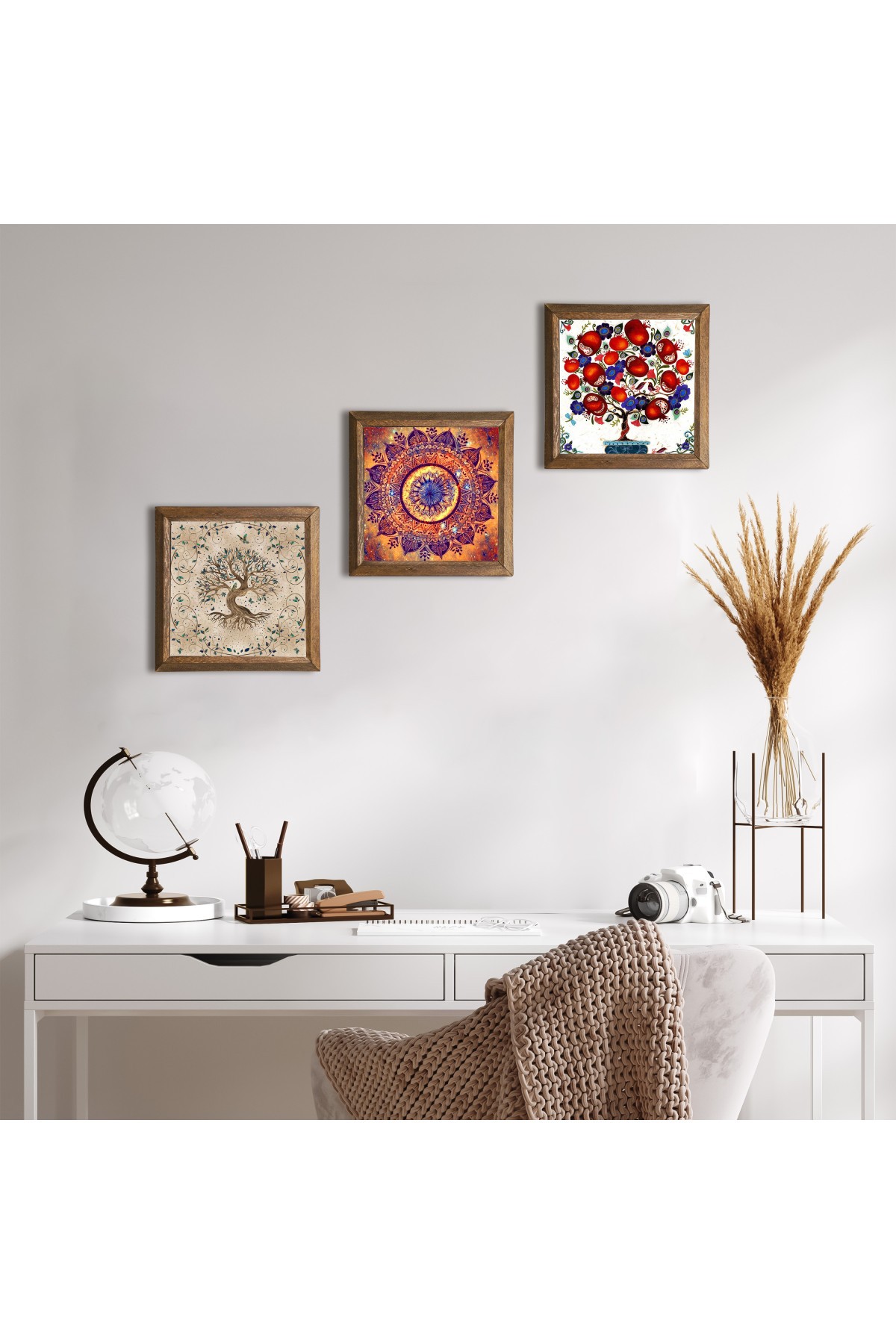 Mandala, Hayat Ağacı, Nar Ağacı Taş Duvar Tablosu Ahşap Çerçeveli Duvar Dekoru 3 Parça Tablo Seti Wall Art