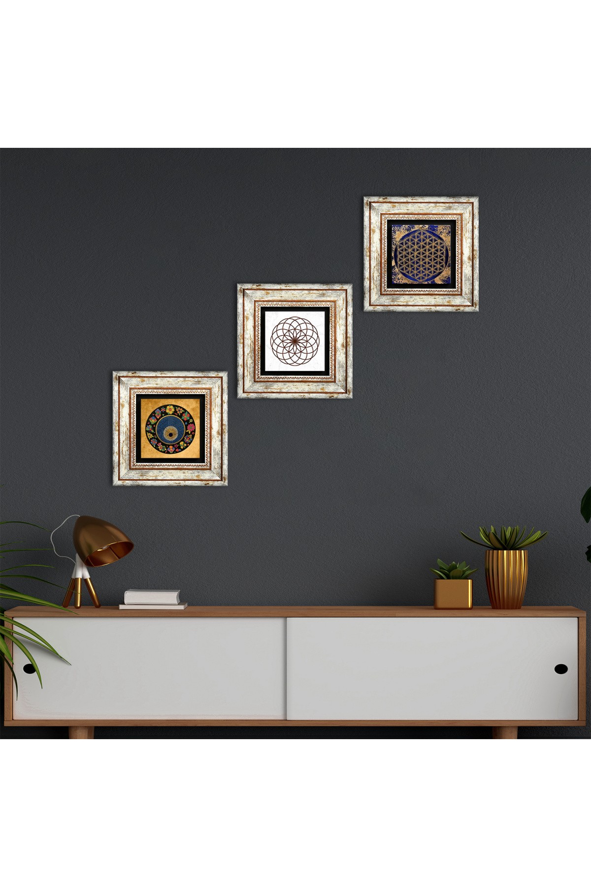 Yaşam Çiçeği, Nazar Boncuğu Taş Duvar Tablosu Çerçeveli Duvar Dekoru 3 Parça Tablo Seti Wall Art